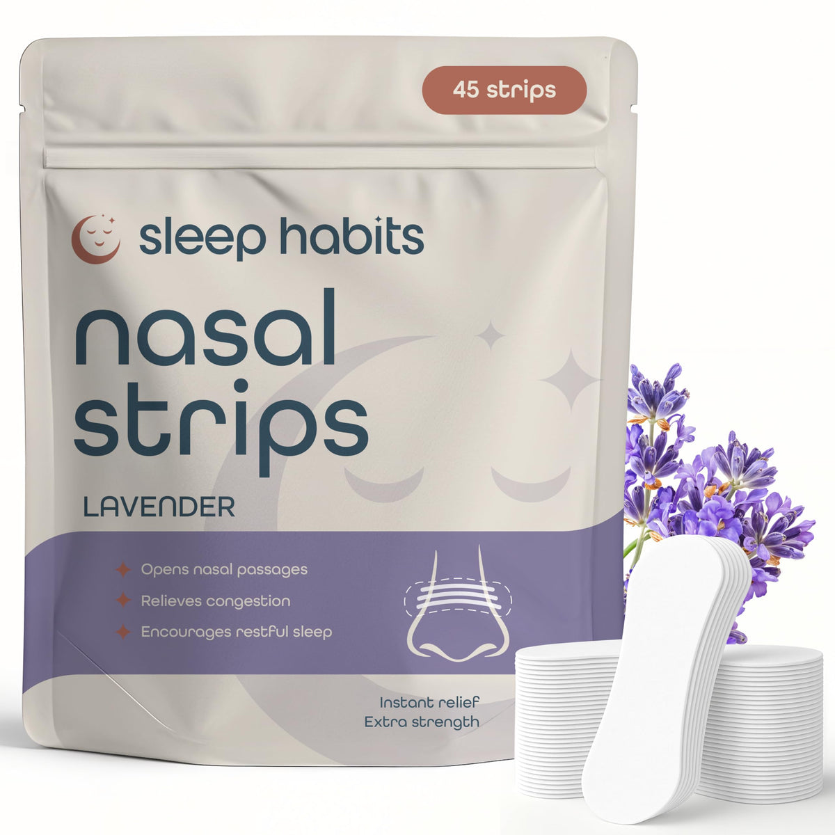 SleepHabits Bandes Nasales Lavande: confort nocturne et respiration améliorée.