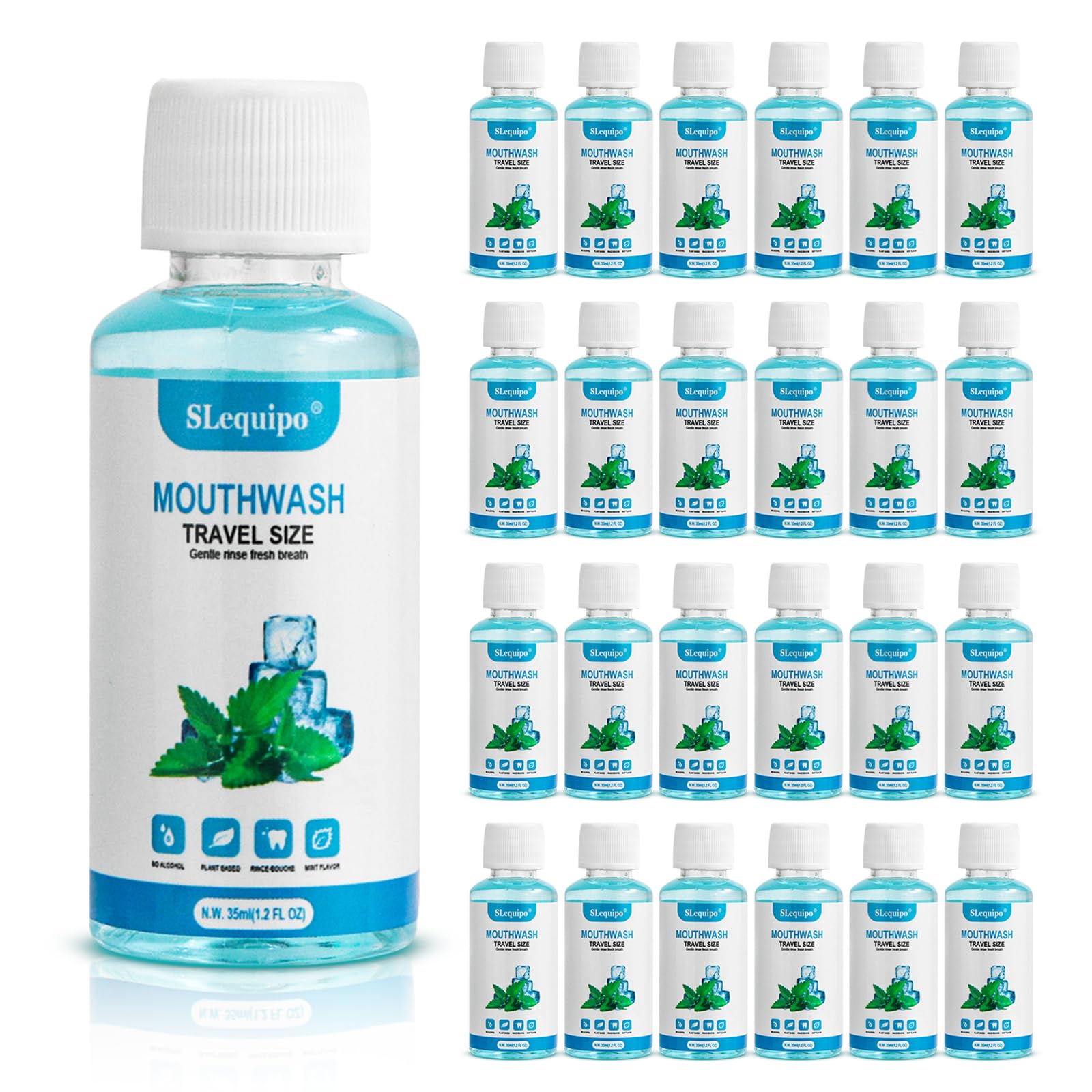SLequipo emballage de 50 bouteilles menthe 35ml, pratique pour les voyages.