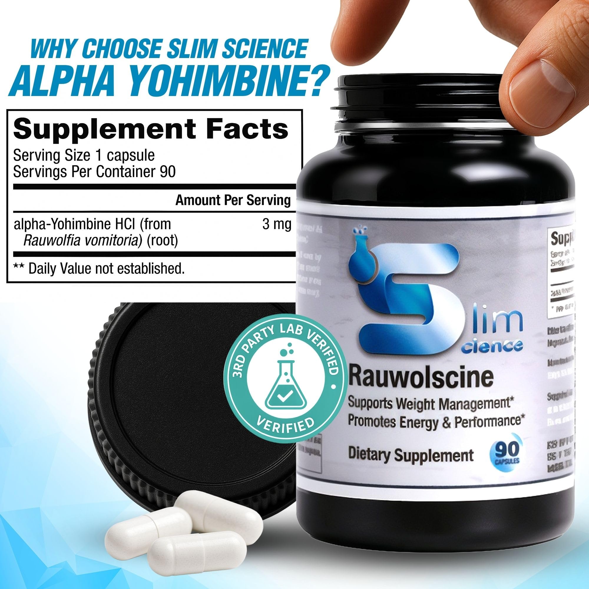 Slim Science Rauwolscine Yohimbine HCL gélules ouvertes, dosage clair.