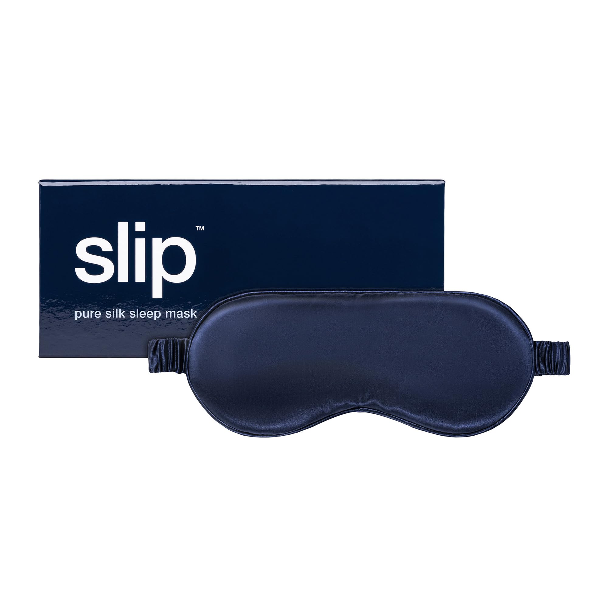 Masque Slip en soie pure bleu marine bloque la lumière pour un sommeil profond.