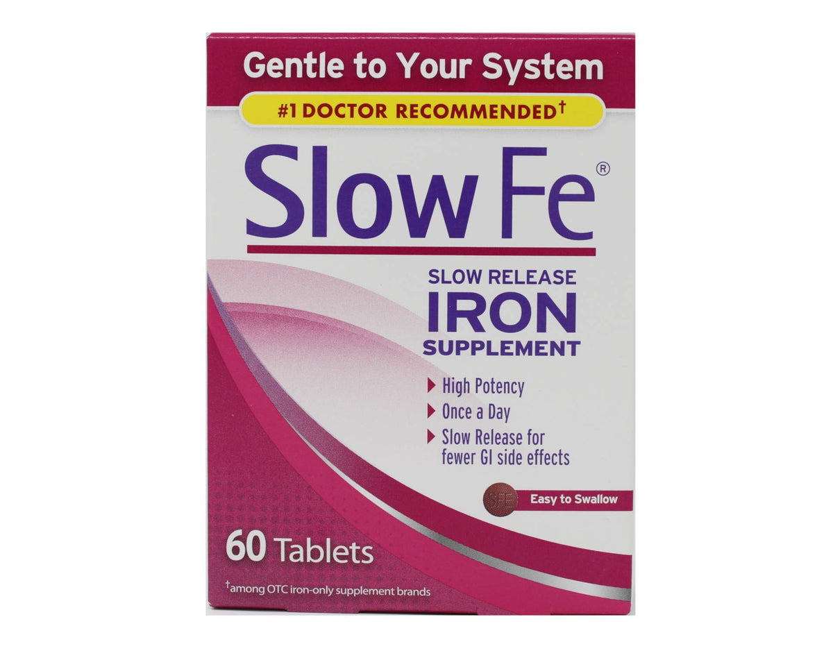Slow Fe – bouteille de comprimés à libération lente, pratique pour l'apport quotidien.