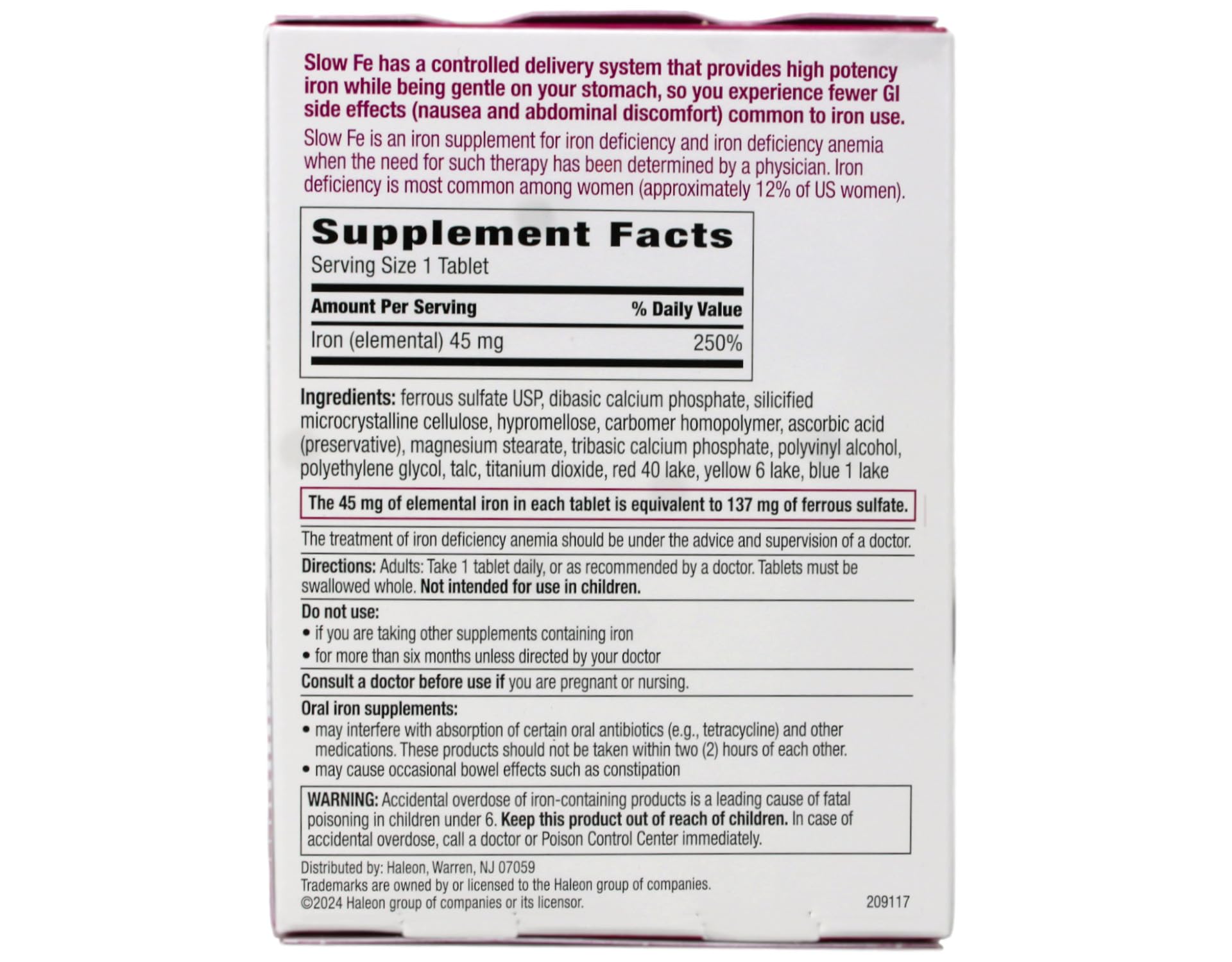Slow Fe: comprimé de 45 mg de fer élémentaire pour une potence élevée.