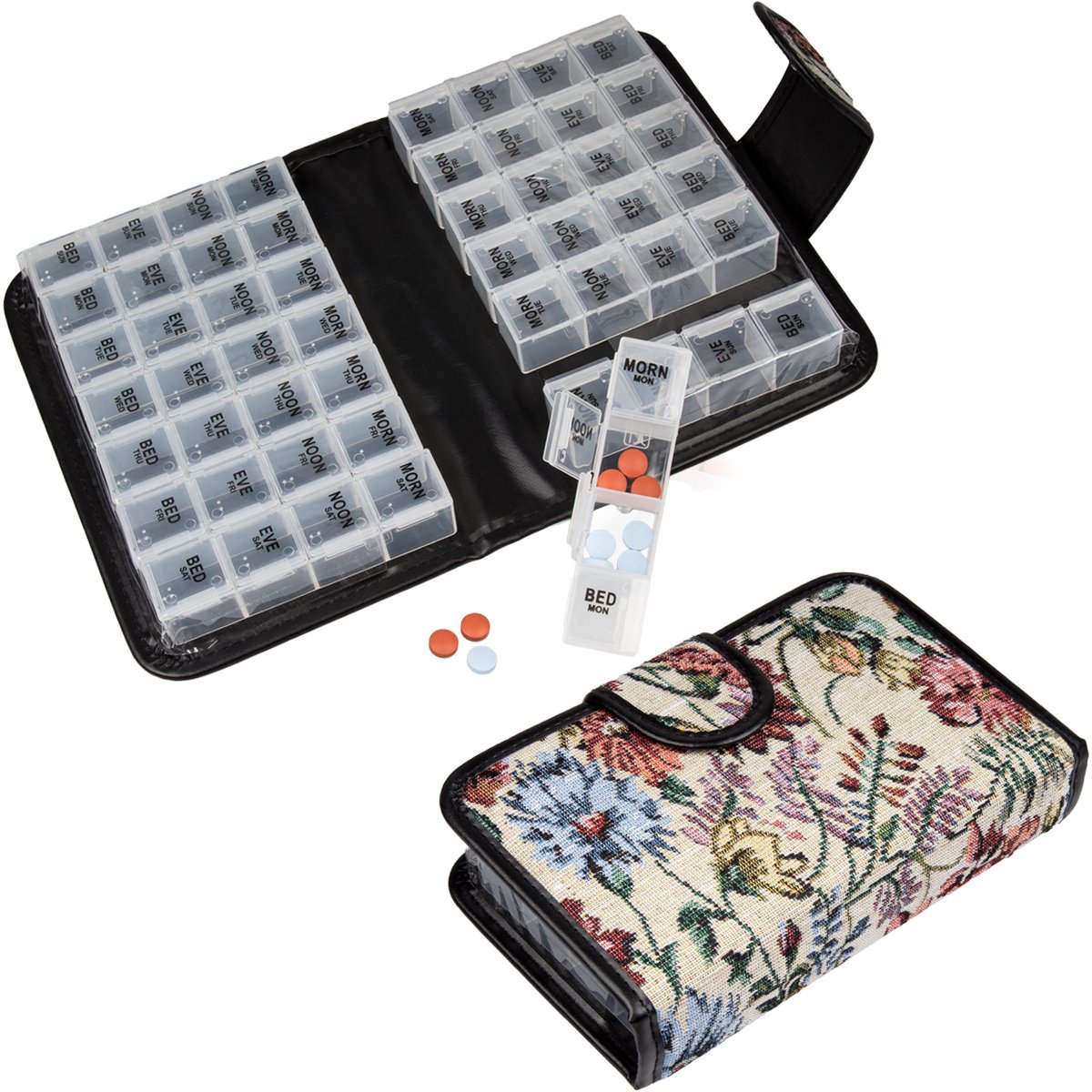Smart Essentials Boîte pilules florale avec couverture livre, rangement discret en voyage.