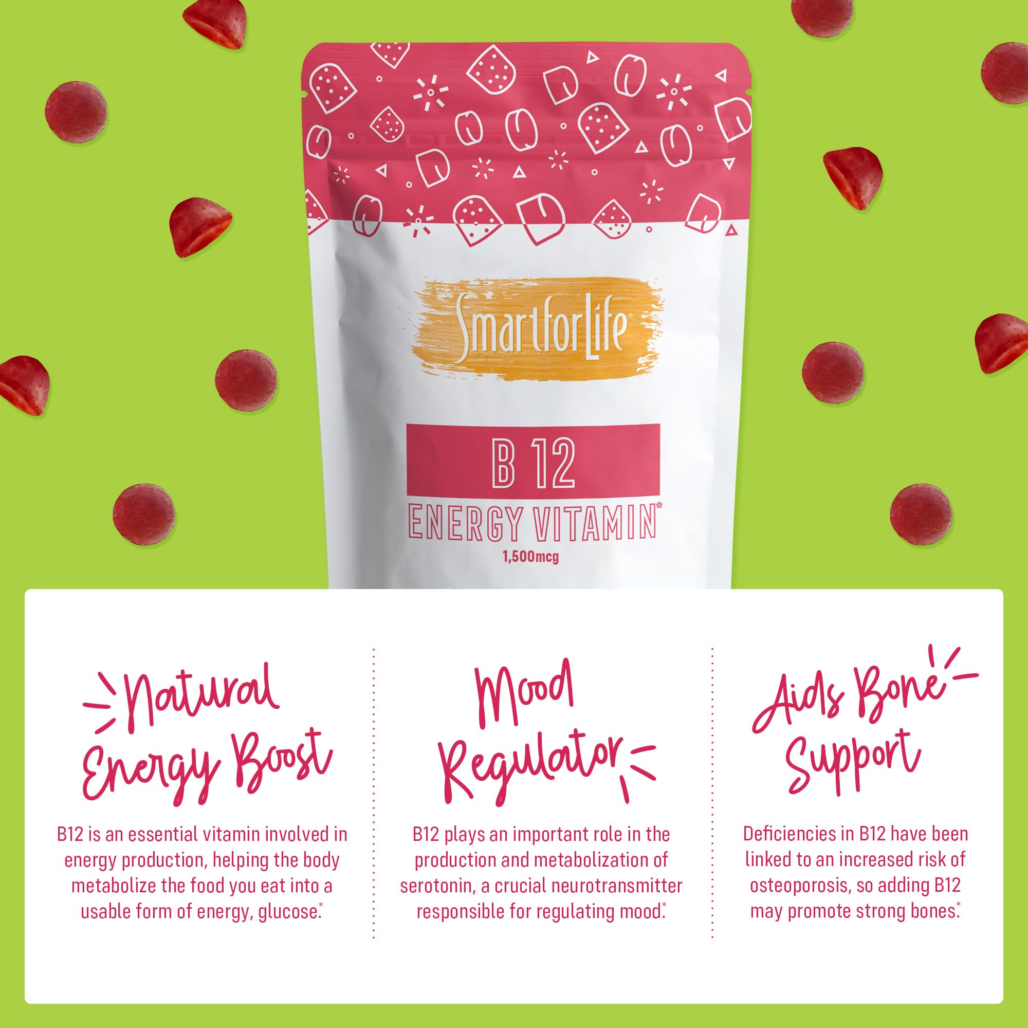 Goût framboise des gommes B12 Smart for Life, moment snack sain.