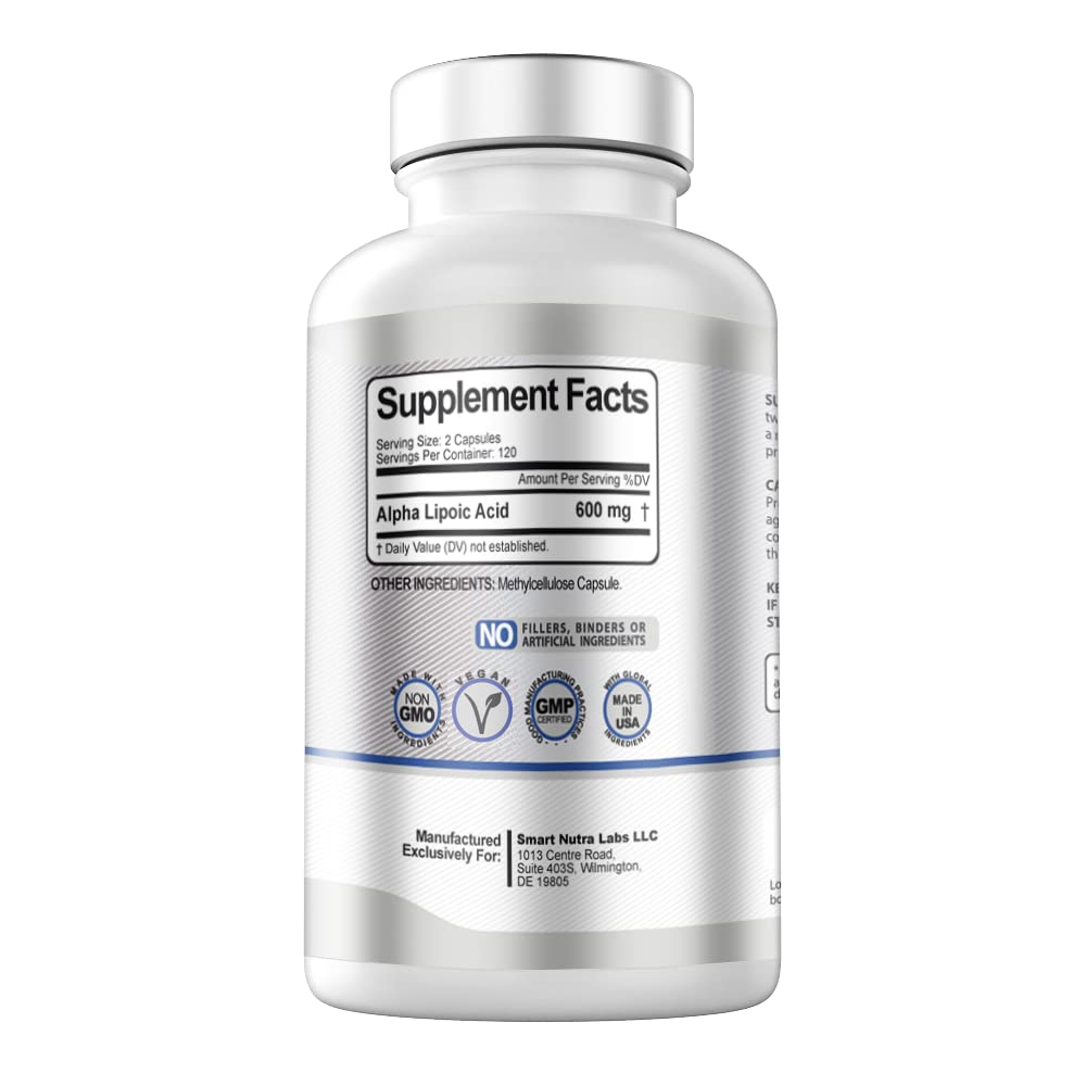 Smart Nutra Labs acide lipoïque 600 mg, étiquette sans gluten et naturelle