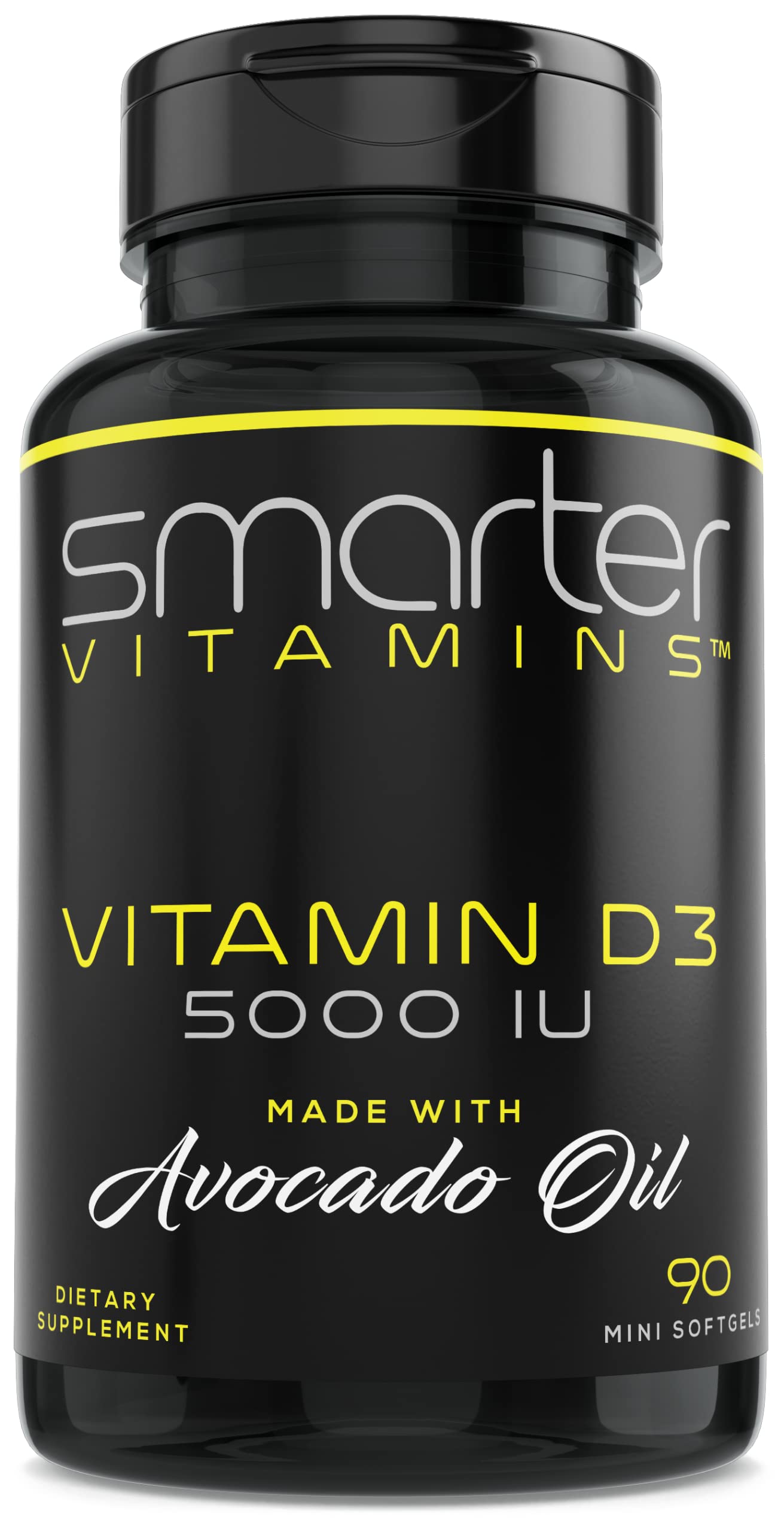 Bouteille SmarterVitamins D3 5000 UI en huile d'avocat pour absorption.