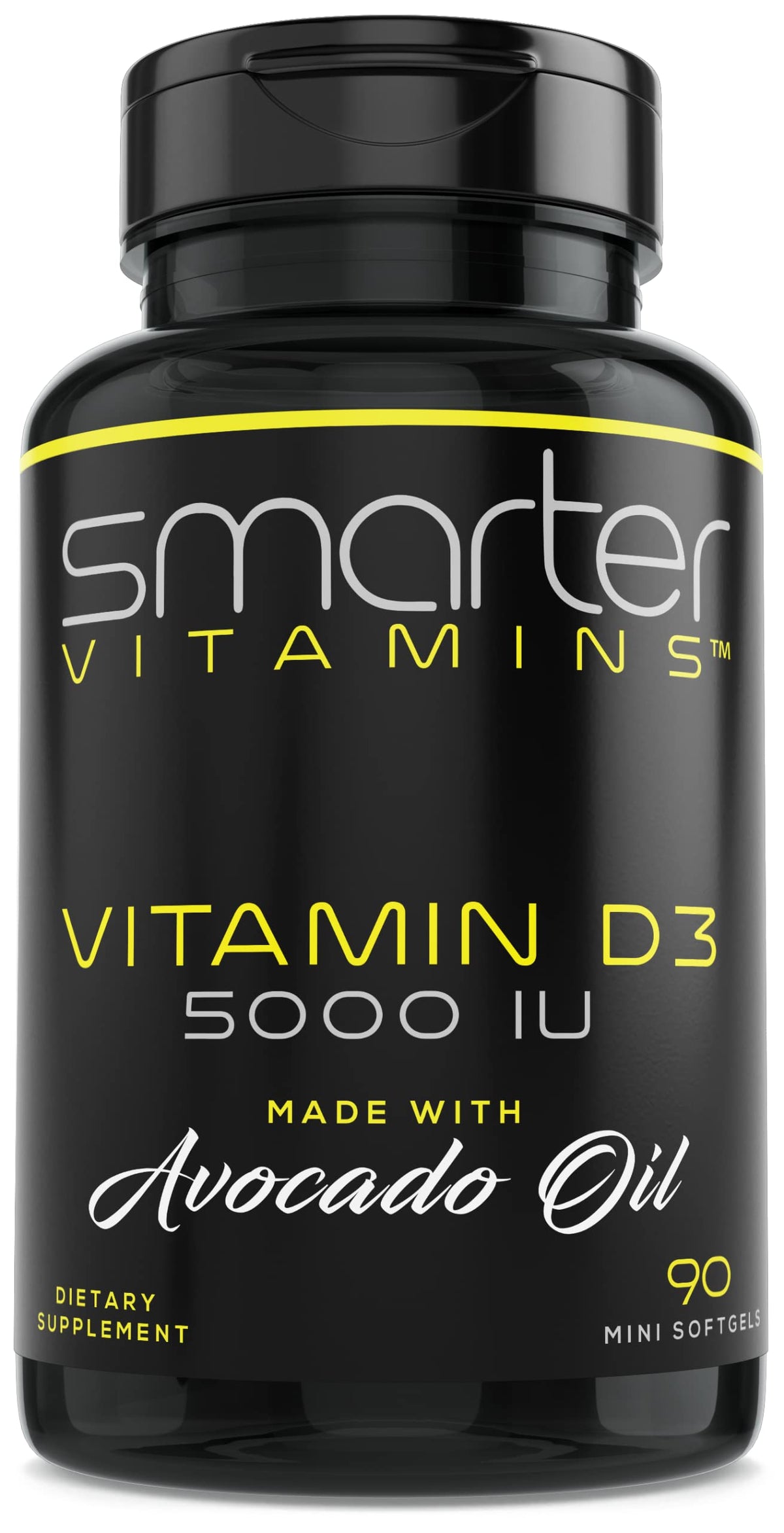 Bouteille SmarterVitamins D3 5000 UI en huile d'avocat pour absorption.