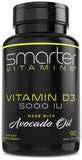 Bouteille SmarterVitamins D3 5000 UI en huile d'avocat pour absorption.
