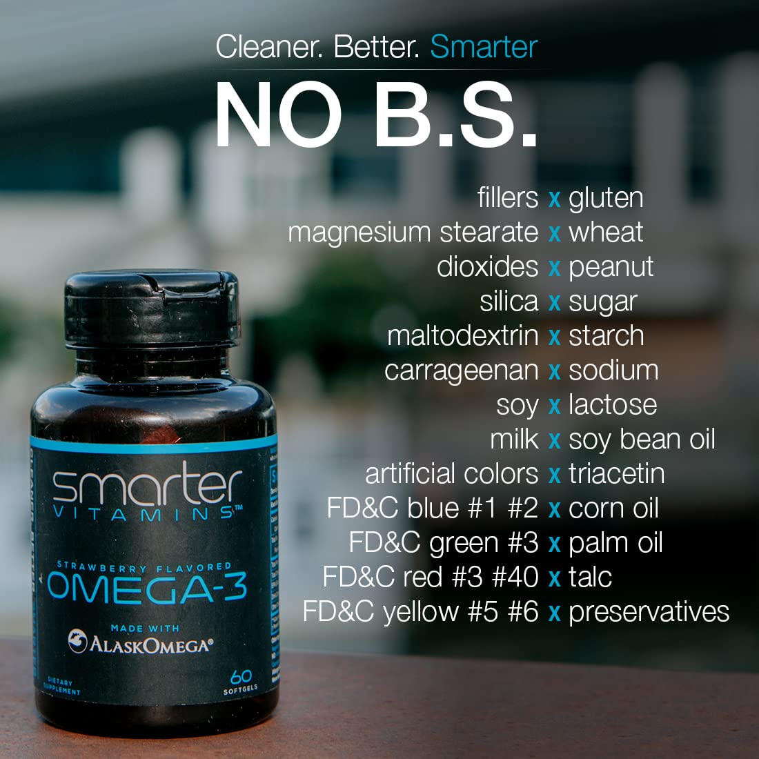 SmarterVitamins Omega3 sans gluten et sans OGM: formule propre et transparente.