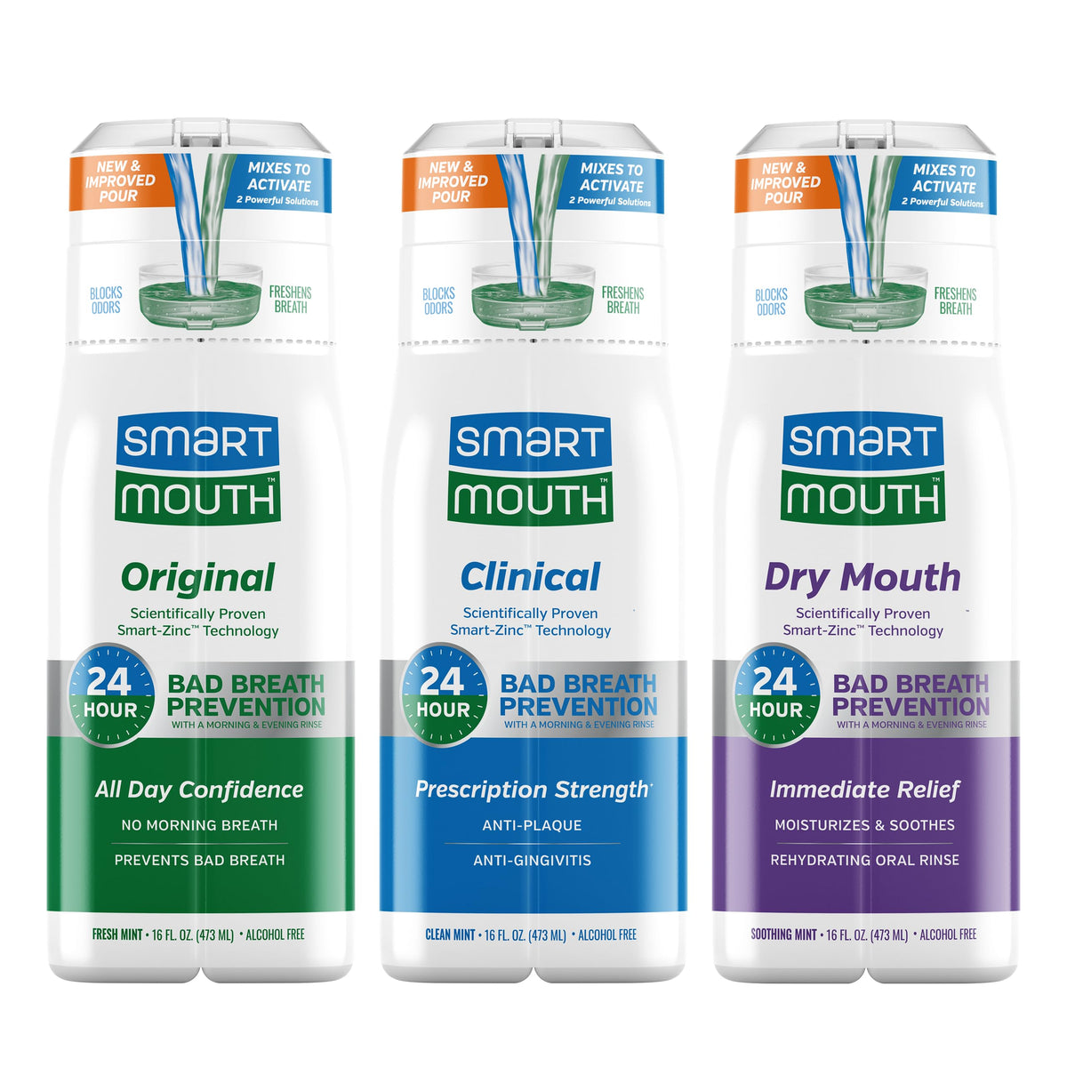 SmartMouth rinçage buccal menthe prêt à l'emploi pour une bouche hydratée.
