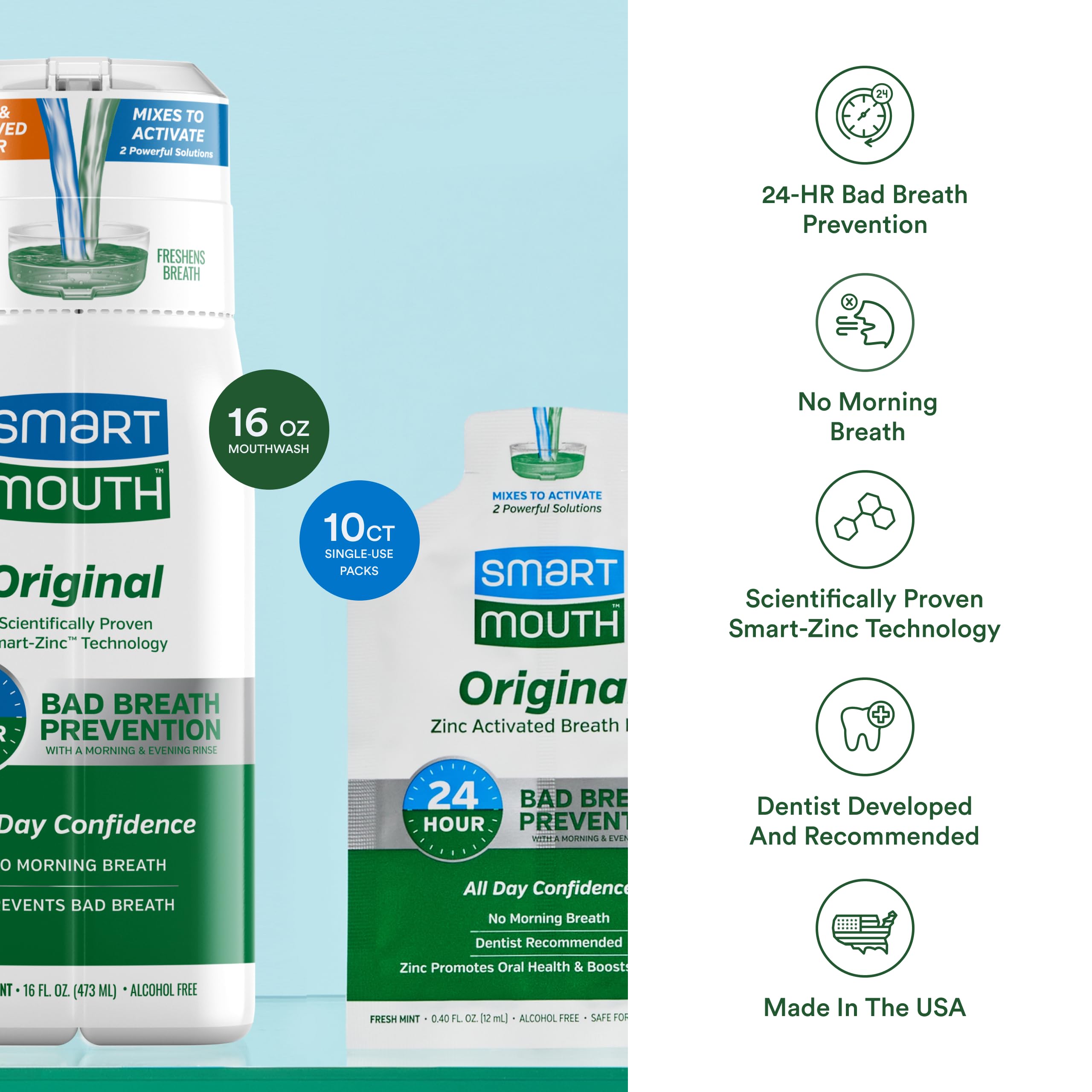 Bouteille SmartMouth sans alcool, utilisation douce en bouche.