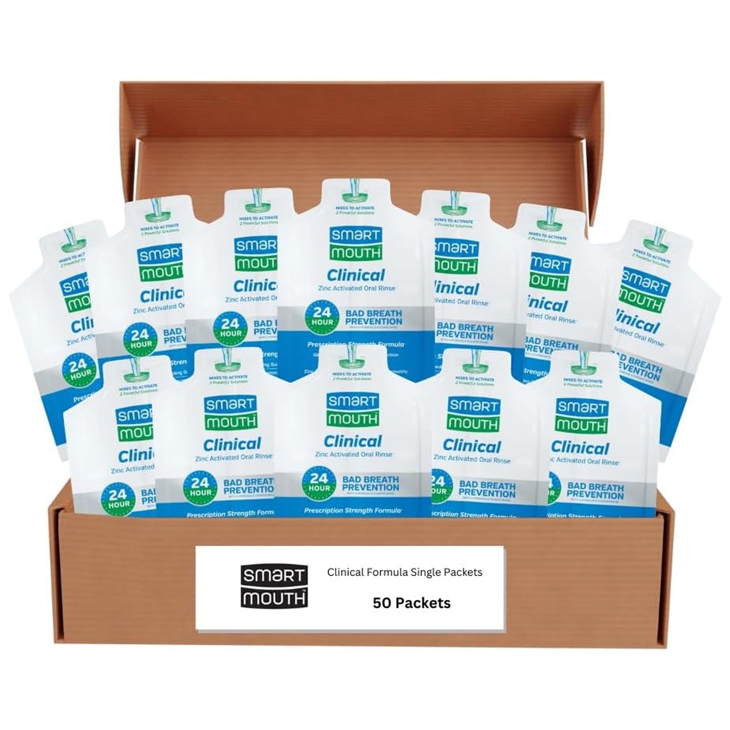 SmartMouth Clinical Rinse – bouteille claire, haleine fraîche durable après deux rinçages quotidiens.