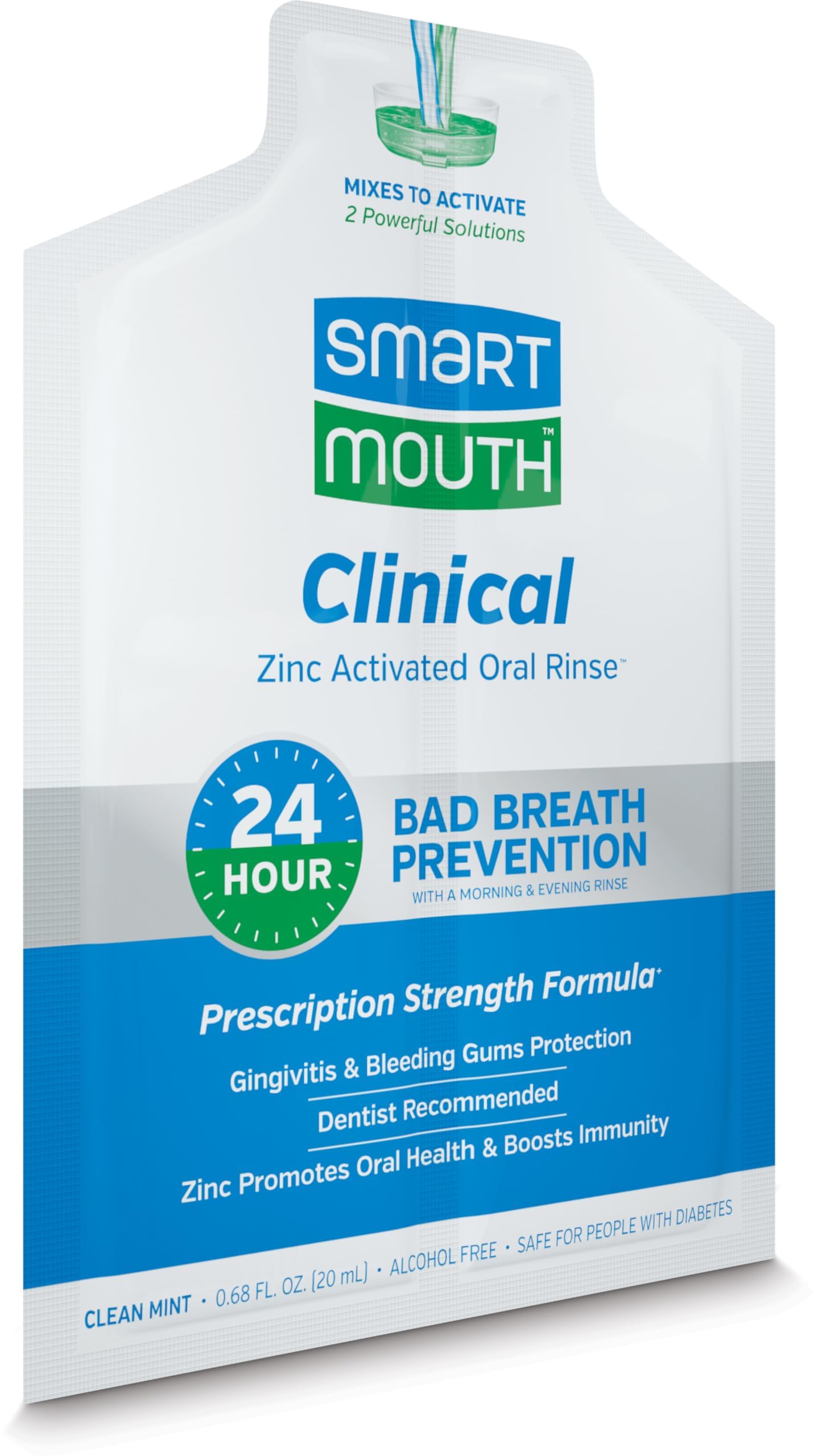 SmartMouth Clinical Rinse – parfum menthe fraîche et sensation de fraîcheur prolongée.