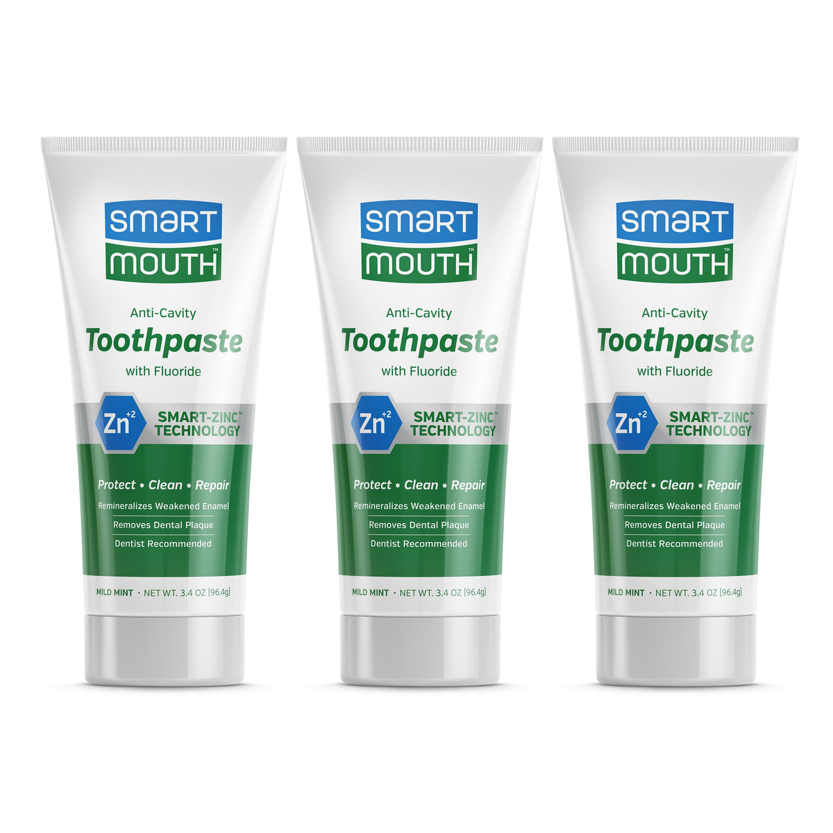 SmartMouth dentifrice zinc-ion – pack triple, protection de l’émail et fraîcheur durable.