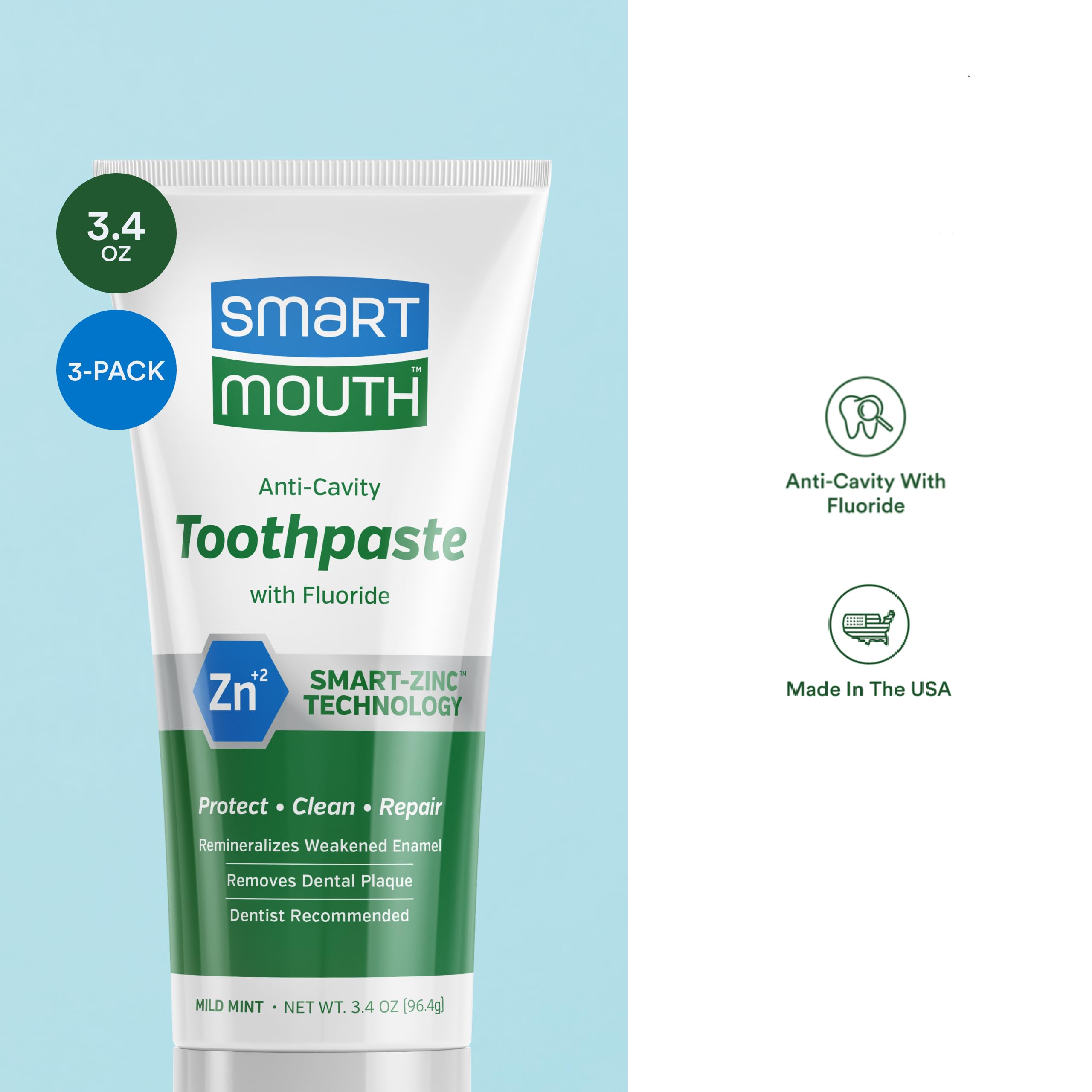 SmartMouth dentifrice zinc-ion – tube en gros plan, texture lisse prête au brossage.