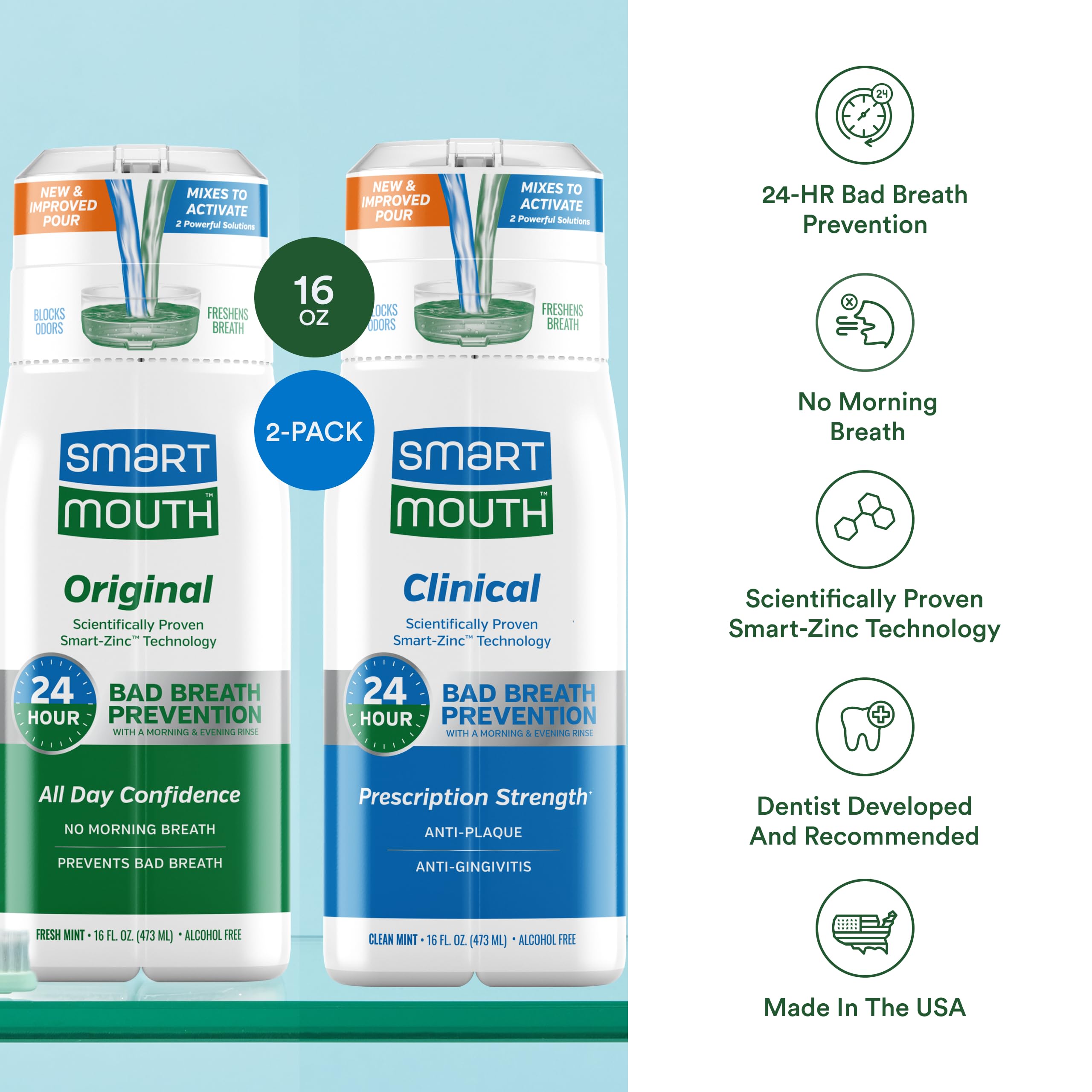 SmartMouth flacon sans alcool 16oz, rinçage doux et confortable.