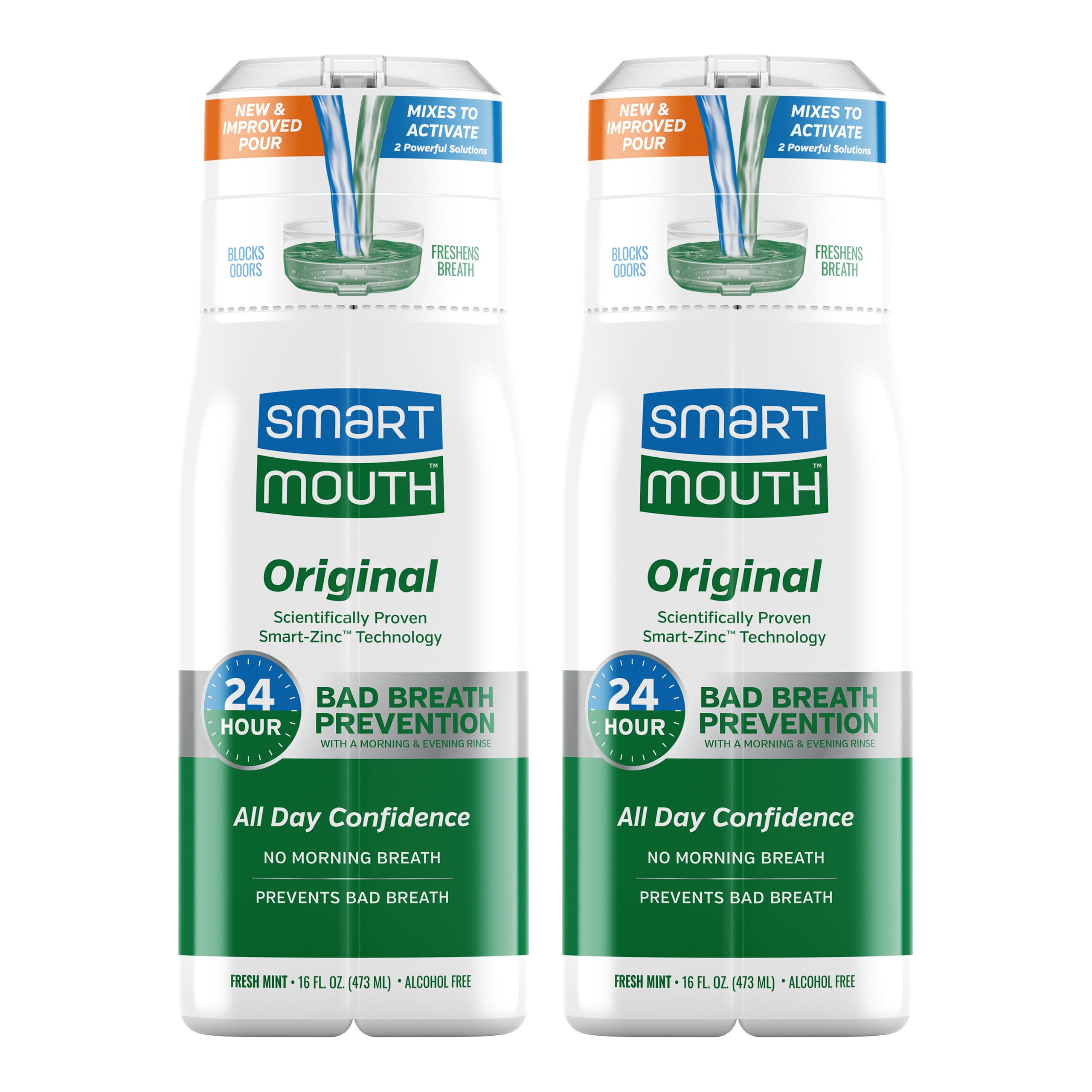 SmartMouth Original Zinc rince-bouche, bouteille ouverte, fraîcheur immédiate prête à l'emploi.