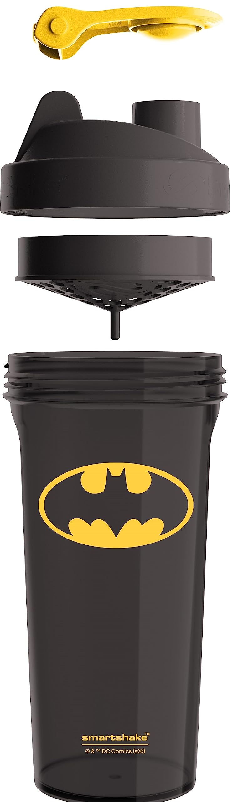 Gourde Smartshake Lite arborant l’emblème Justice League, idéale pour hydratation et mélange après l’effort.