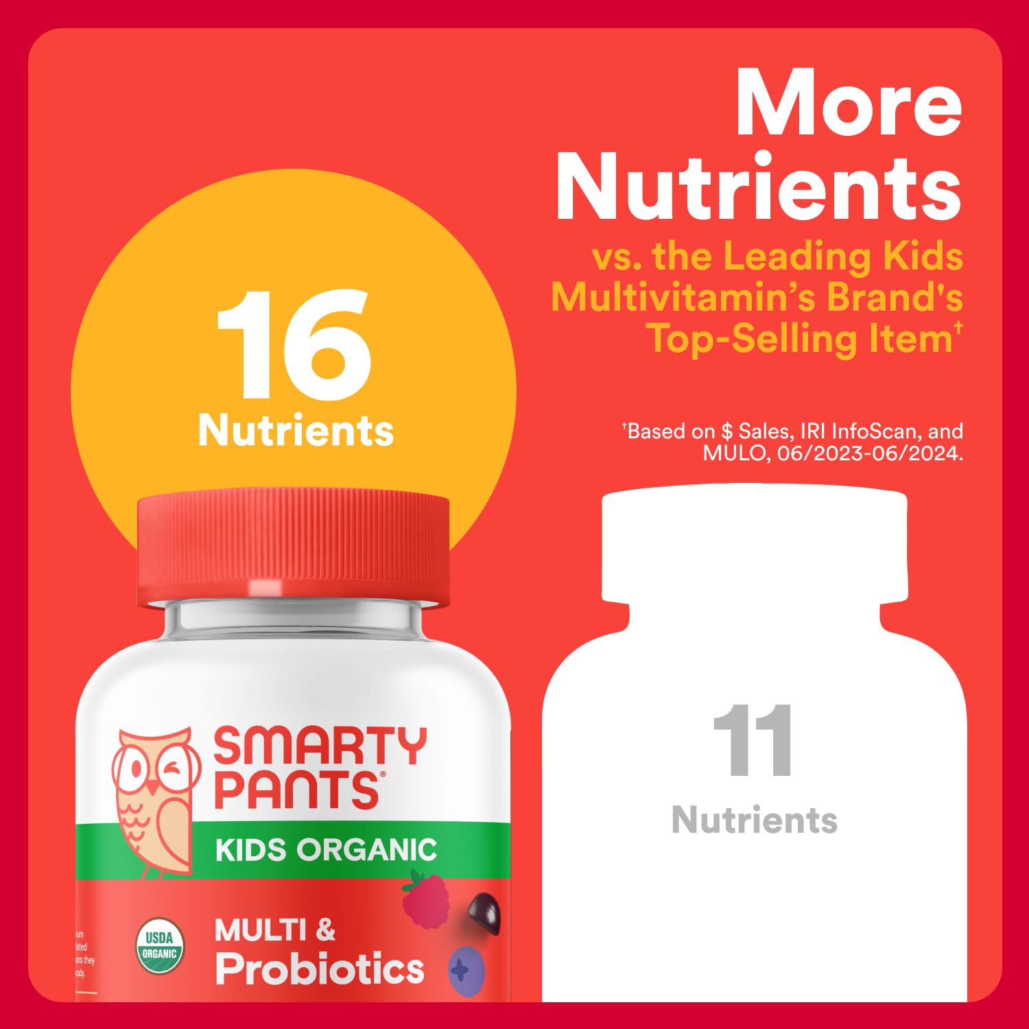 Gomme SmartyPants Organics enfant oméga3 ALA et nutriments végétariens pour croissance.