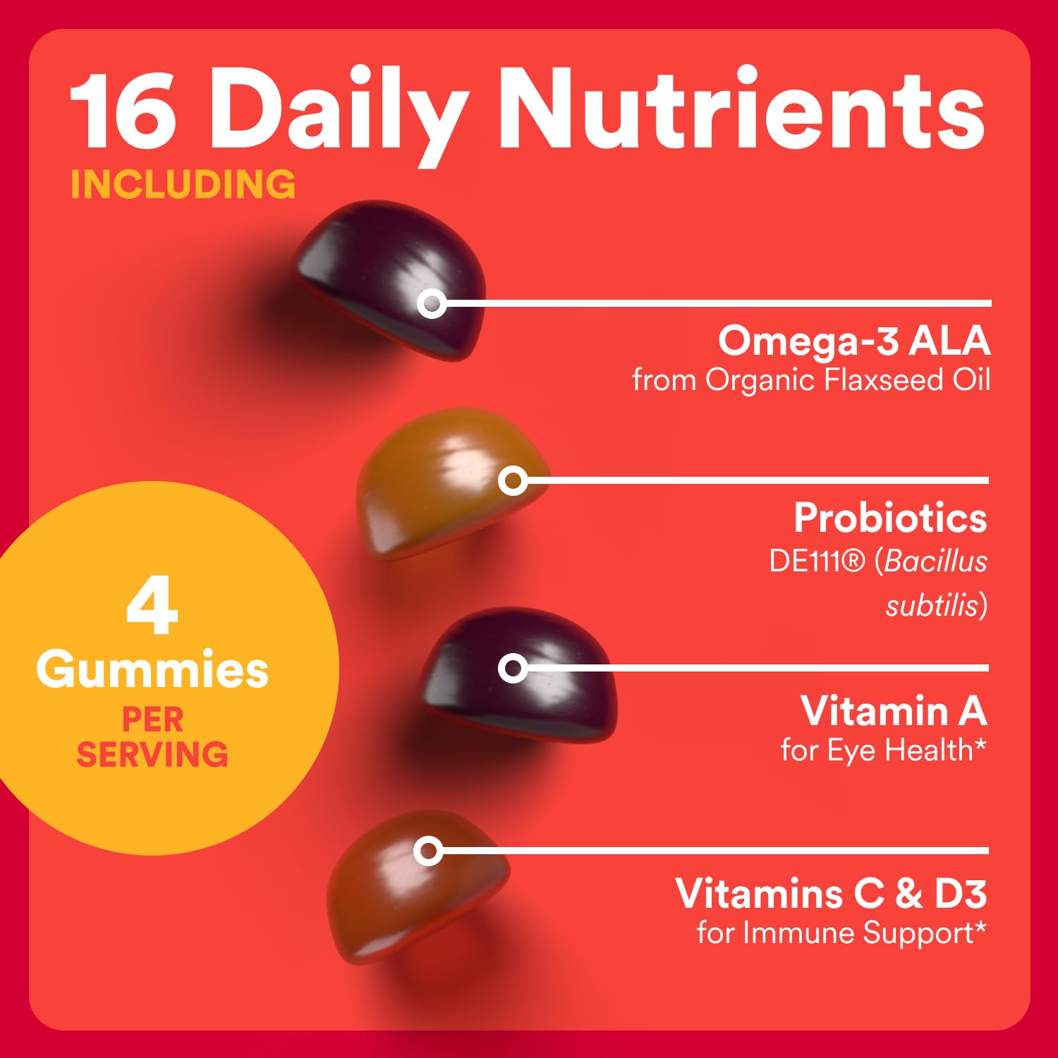 Gomme SmartyPants Organics enfant probiotiques et oméga3 ALA pour intestin et bien-être.