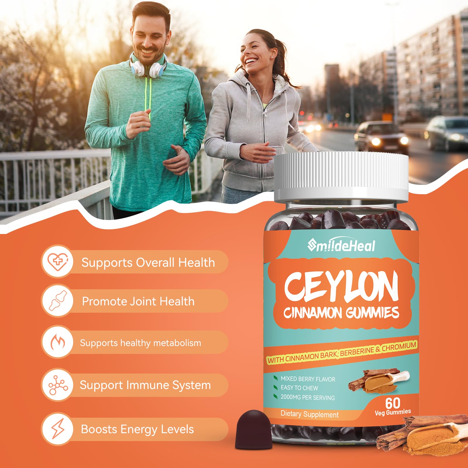 SmildeHeal Gommes Cannelle Ceylon – étiquette montrant ingrédients naturels et sans OGM.