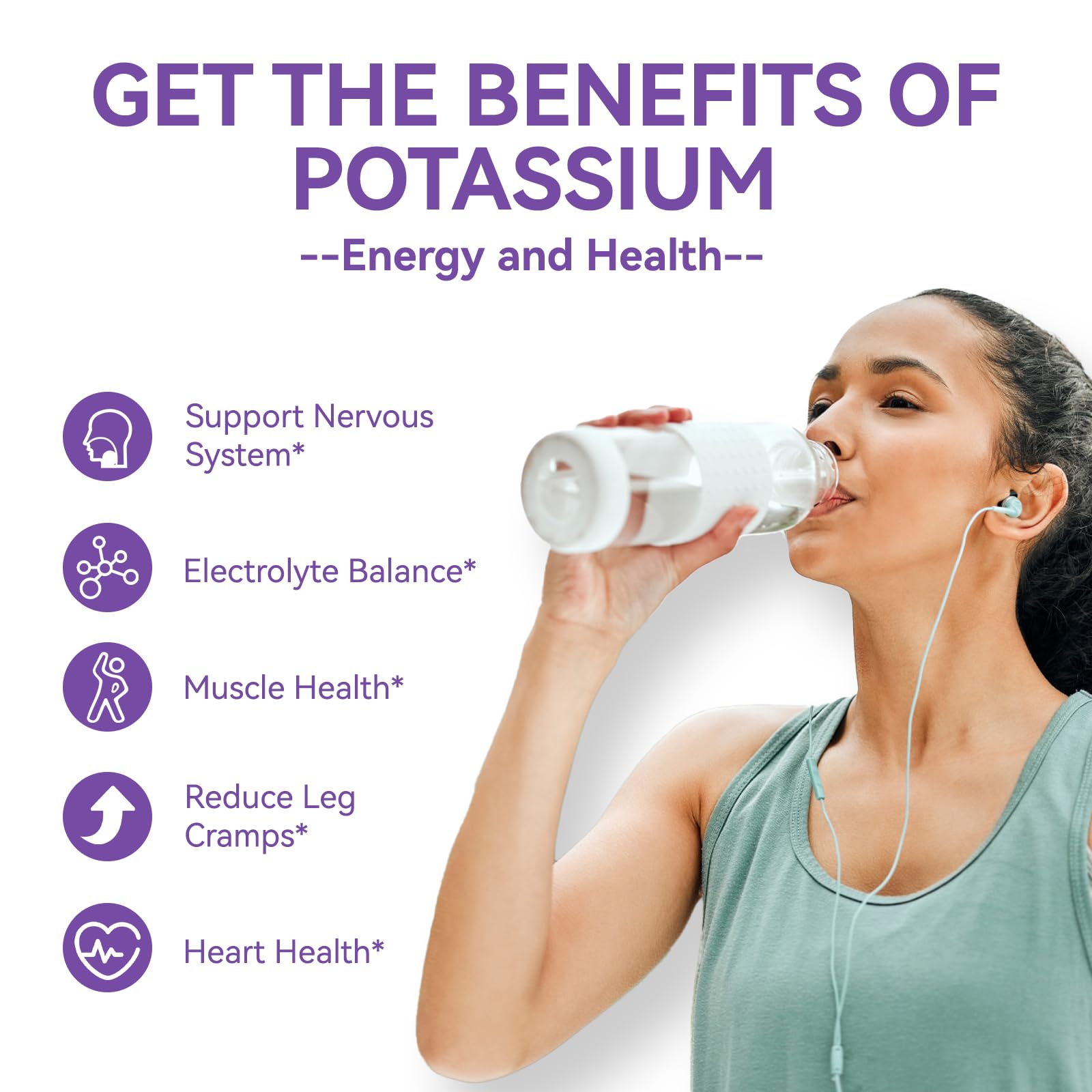 Étiquette claire SmildeHeal Potassium 1000 mg facilitant le suivi des apports.
