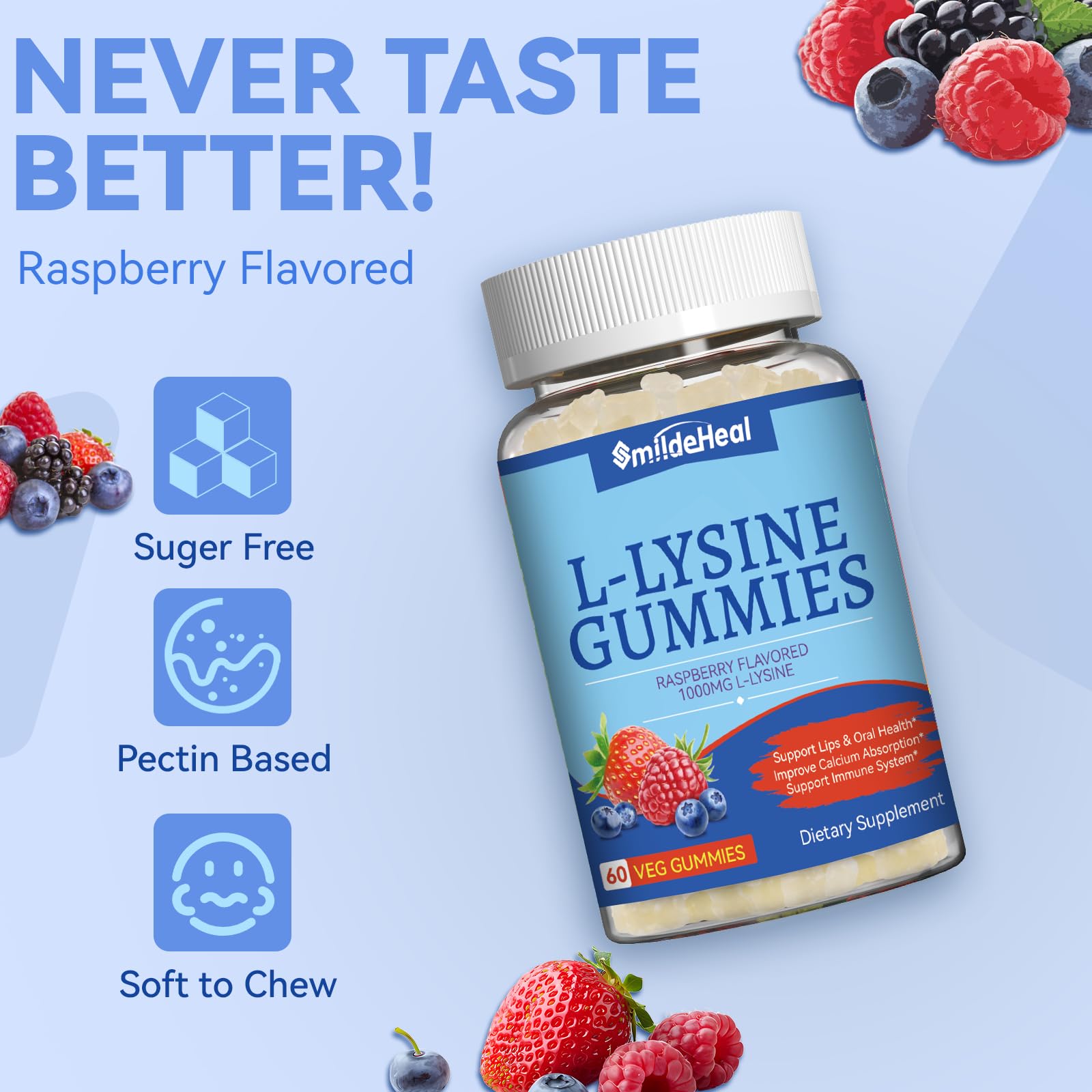 SmildeHeal L-Lysine gommes, goût framboise naturel pour une expérience agréable
