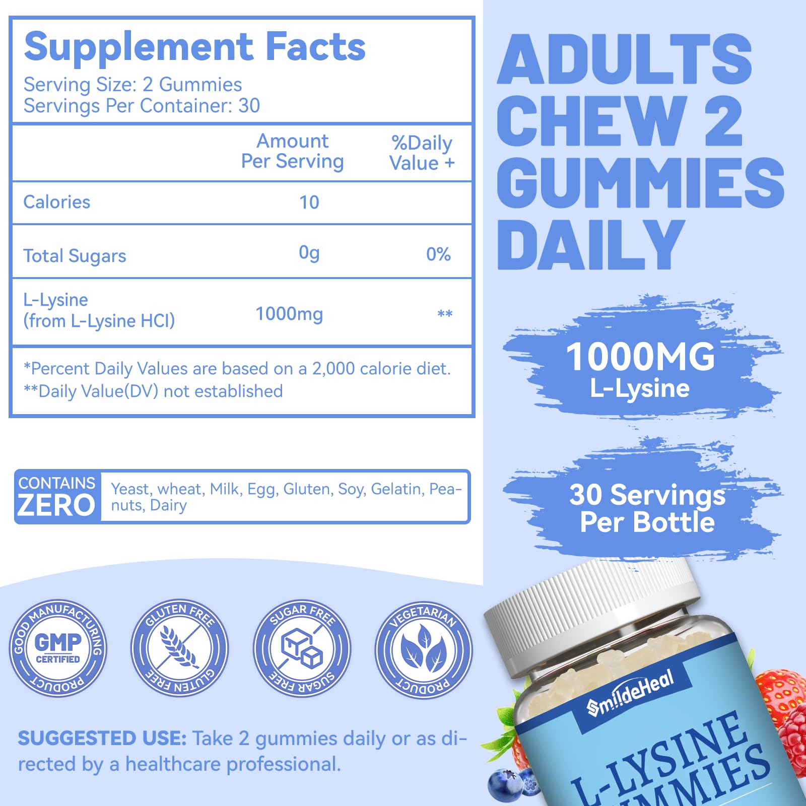 SmildeHeal L-Lysine gommes, usage quotidien simple pour votre routine santé