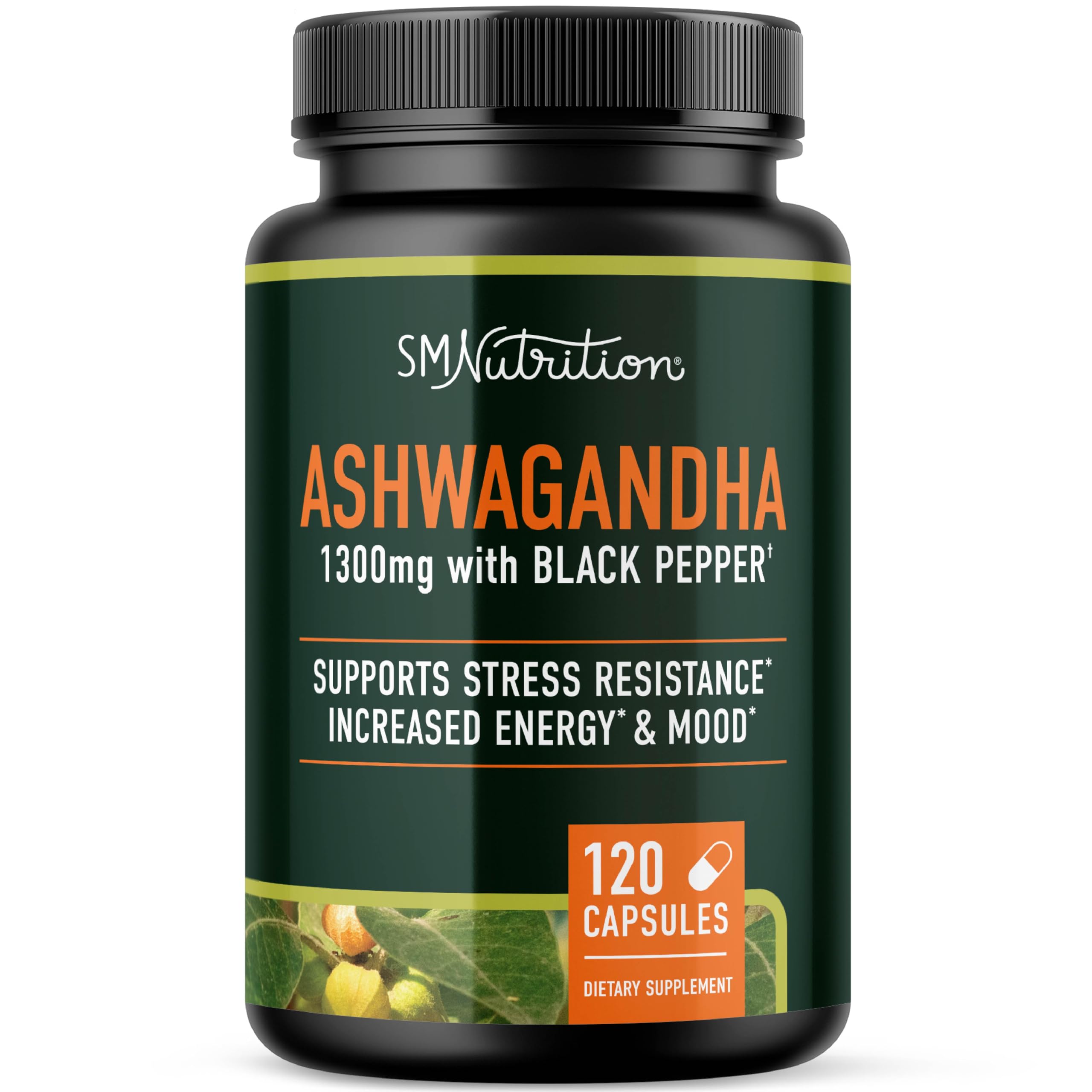 SMNutrition Ashwagandha – bouteille affichant l'étiquette, soutien potentiel au stress