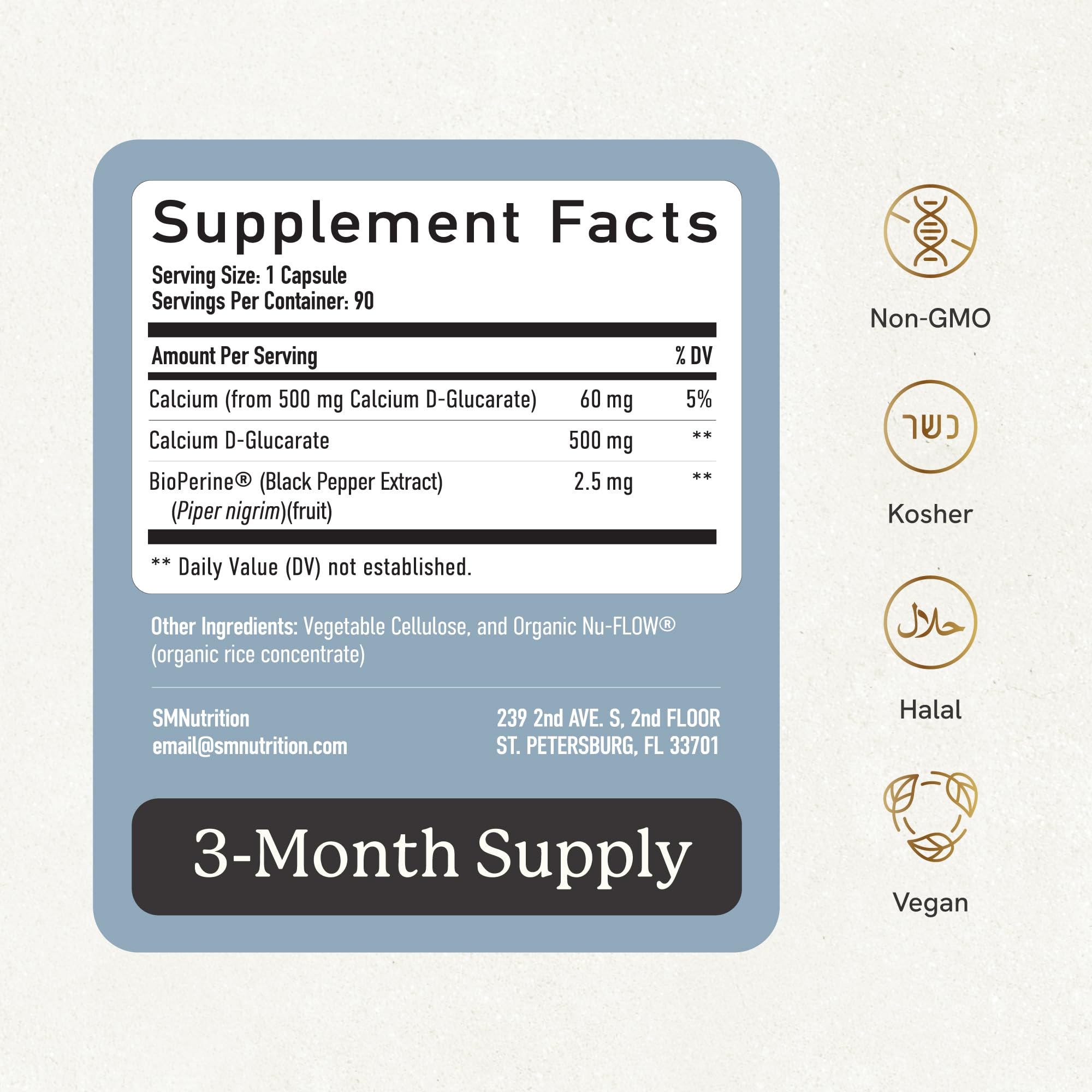 SMNutrition Calcium D-Glucarate: flacon certifié HALAL et sans gluten.
