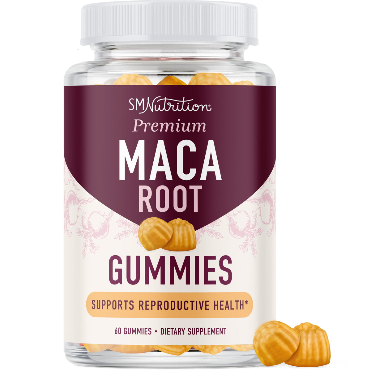 Gommes SMNutrition Maca, pêche naturelle, texture moelleuse pour soutenir l’énergie au quotidien.