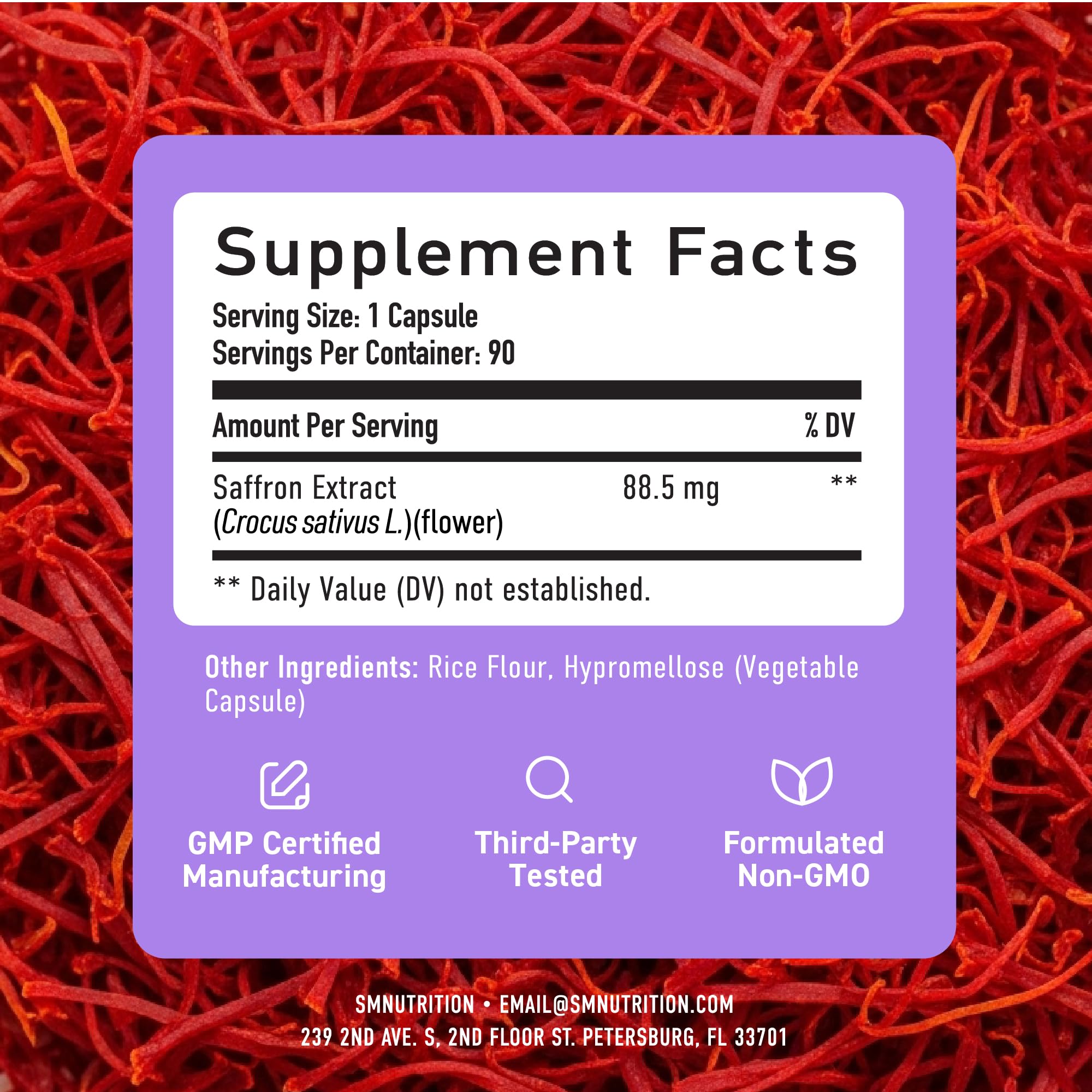 Etiquette produit SMNutrition Safran, informations claires et traçabilité