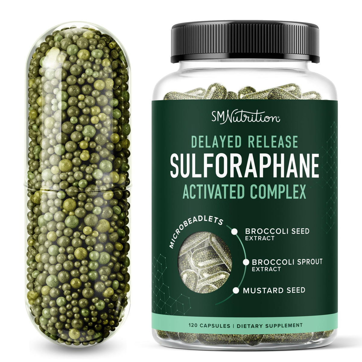 SMNutrition sulforaphane: bouteille montrant le complément pour une routine santé potentielle.