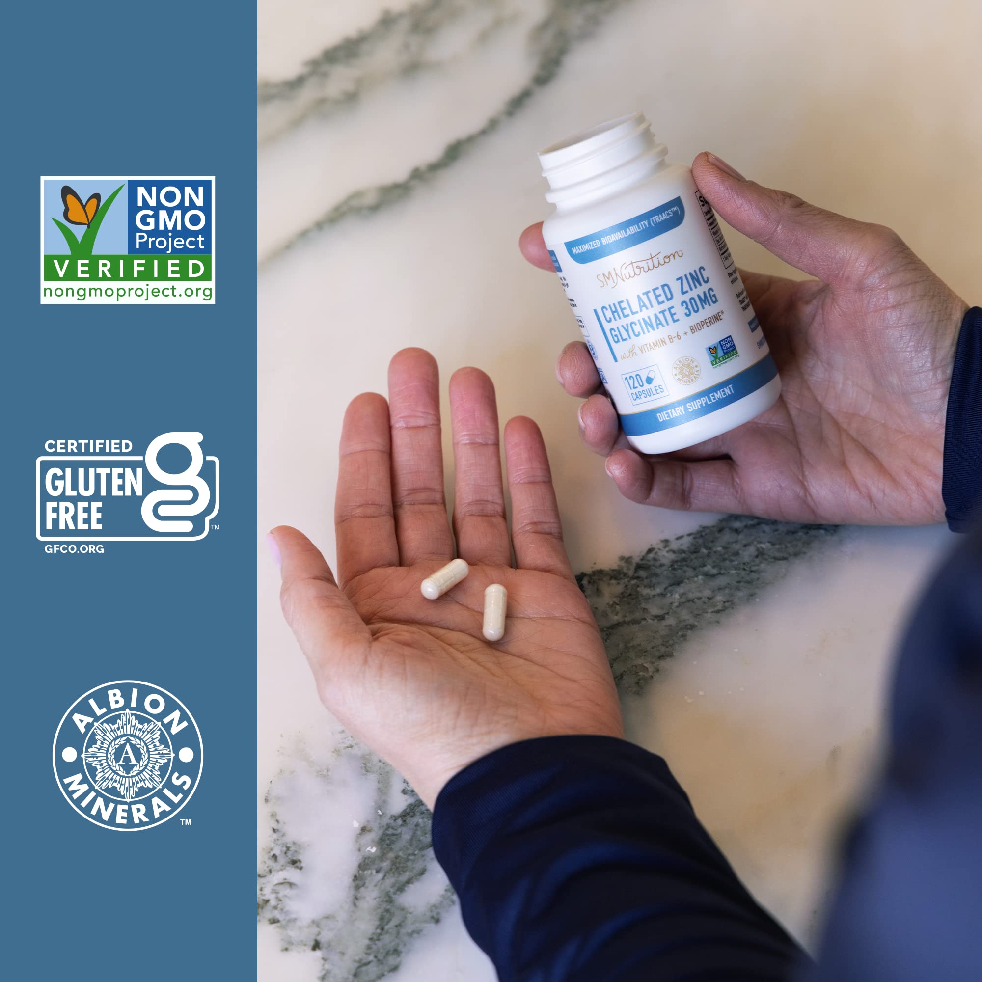 SMNutrition Zinc Chelaté Bisglycinate 30 mg — flacon offrant 4 mois d'utilisation.