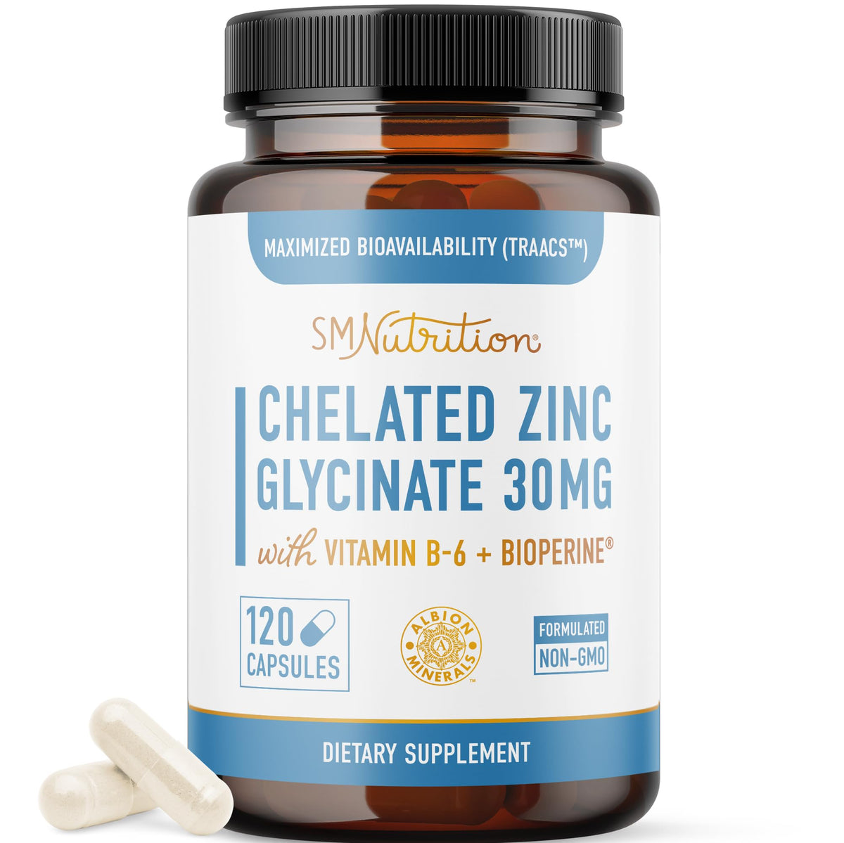 SMNutrition Zinc Chelaté Bisglycinate 30 mg — bouteille visible, soutien immunitaire potentiel.