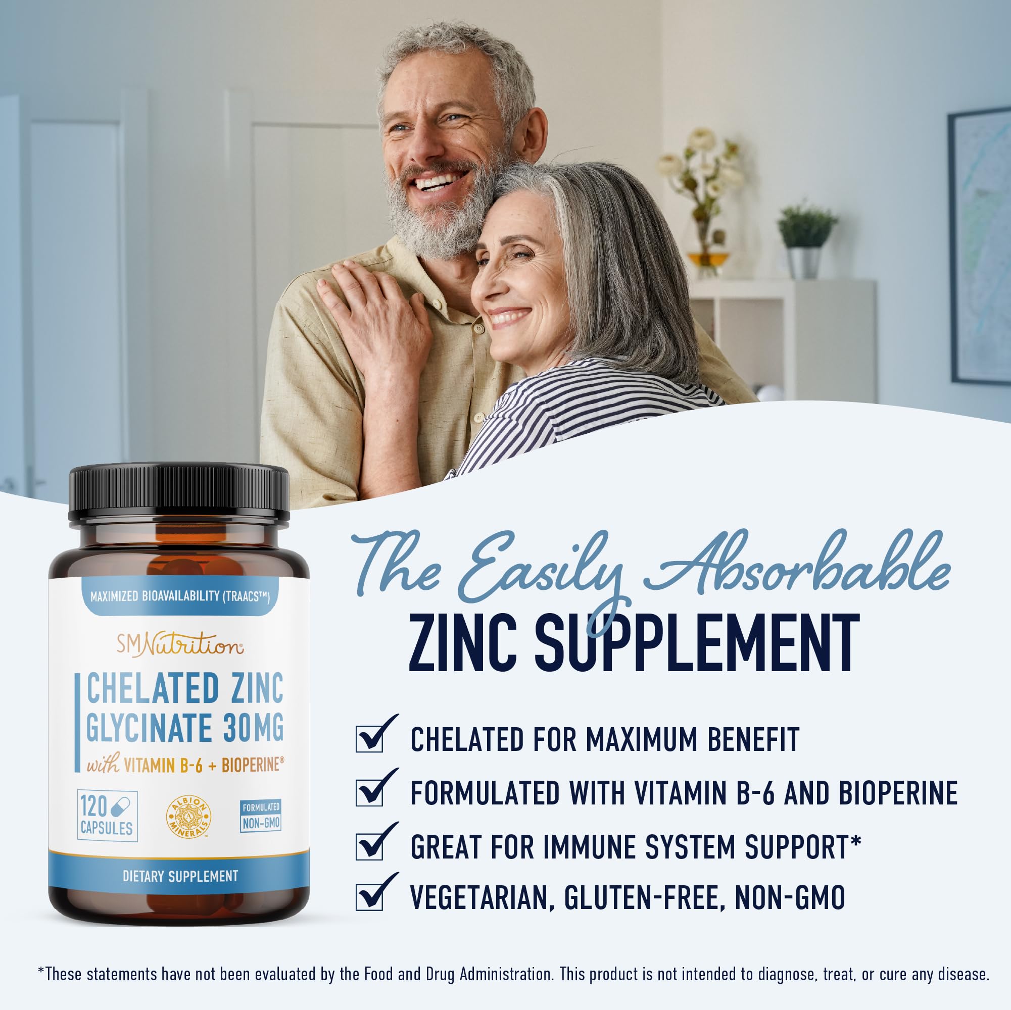 SMNutrition Zinc Chelaté Bisglycinate 30 mg — capsules faciles à avaler et absorbantes.