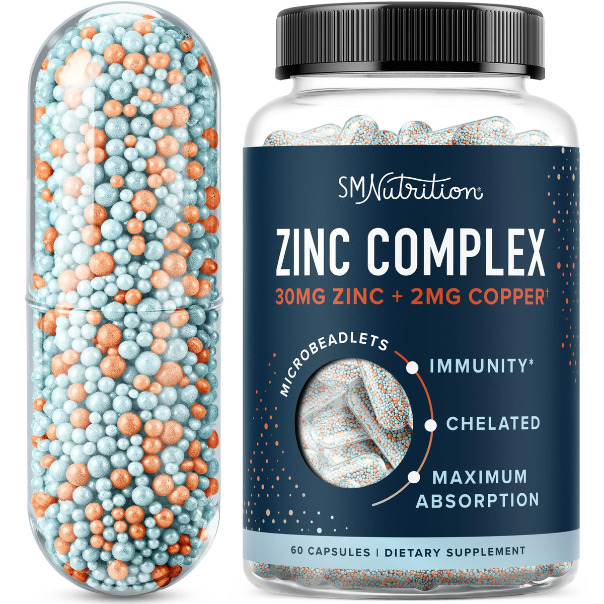 SMNutrition Zinc microbeadlets en bouteille, présentation pratique pour l'usage quotidien.