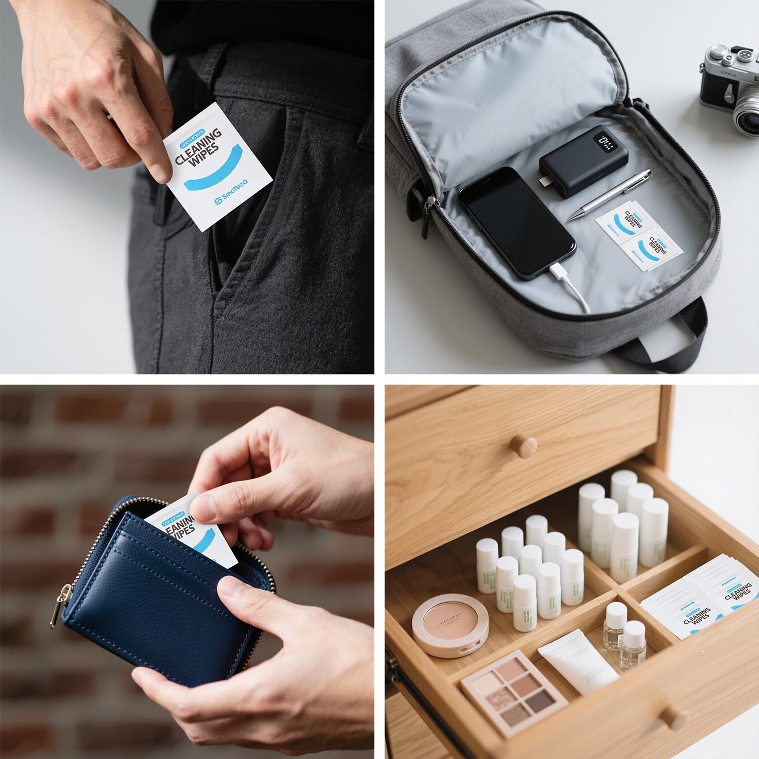 SmoTecQ rangement compact et lingettes pratiques en deplacement.