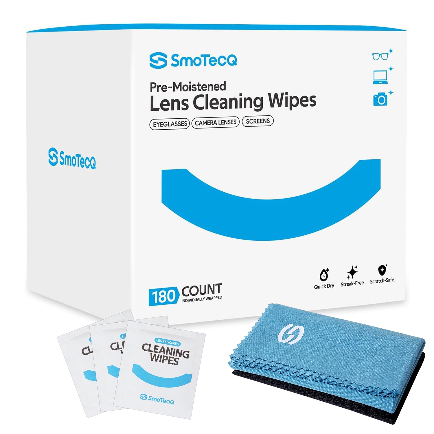 SmoTecQ lingettes prehumidifiees, pratiques et individuelles pour un nettoyage rapide des lunettes.