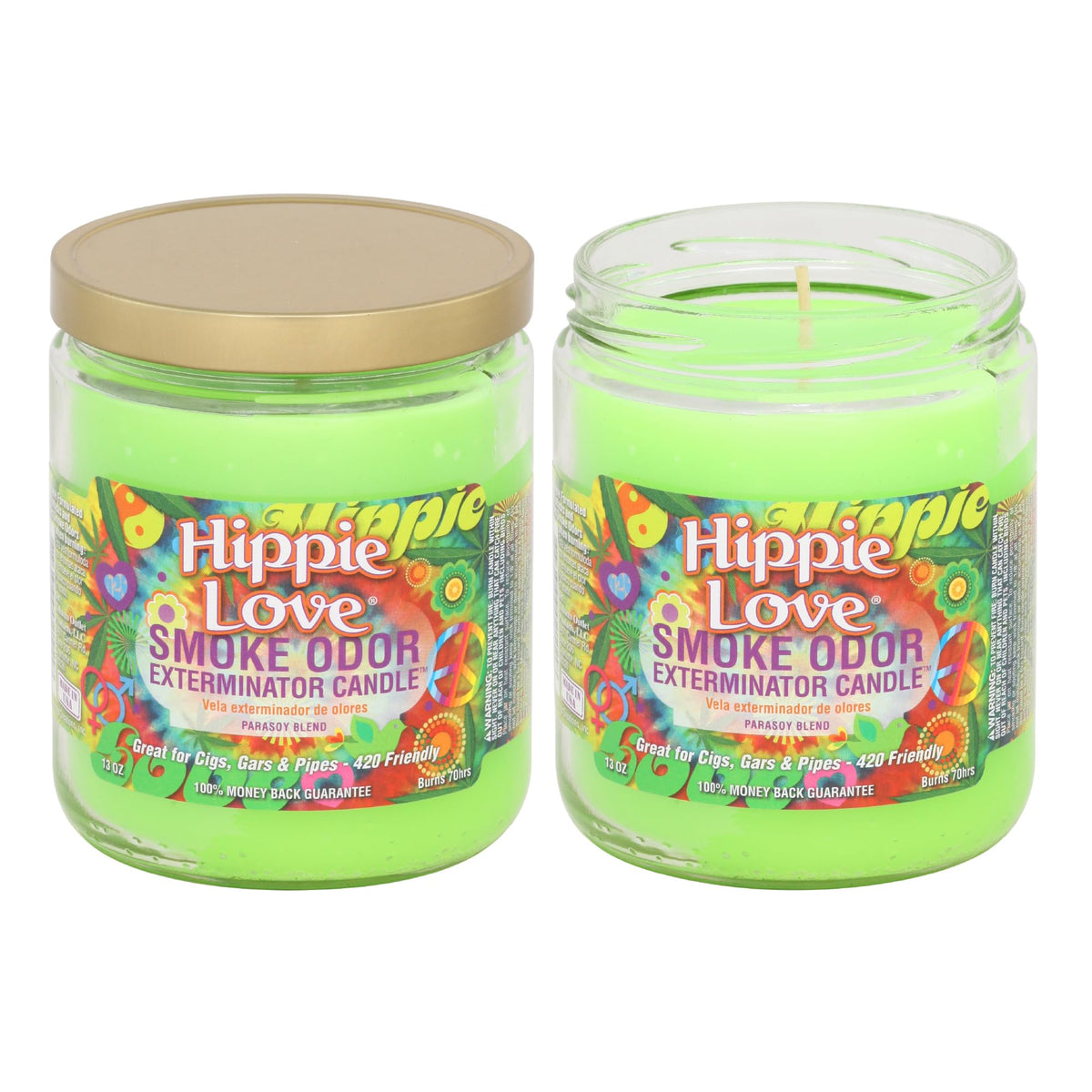 Bougie Smoke Odor Exterminator Hippie Love, neutralise les odeurs et parfume l’intérieur.