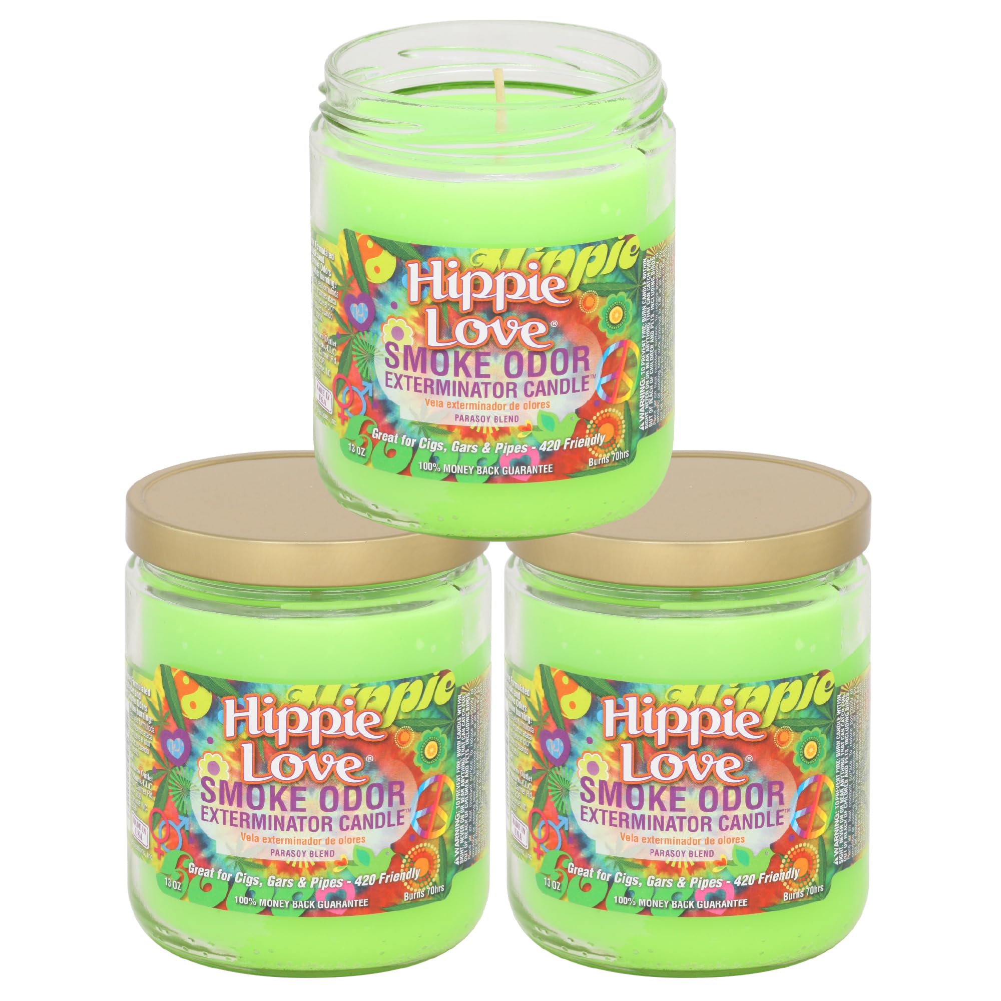 Bougie Smoke Odor Exterminator Hippie Love, trio pour rafraîchir l'ambiance et neutraliser les odeurs.