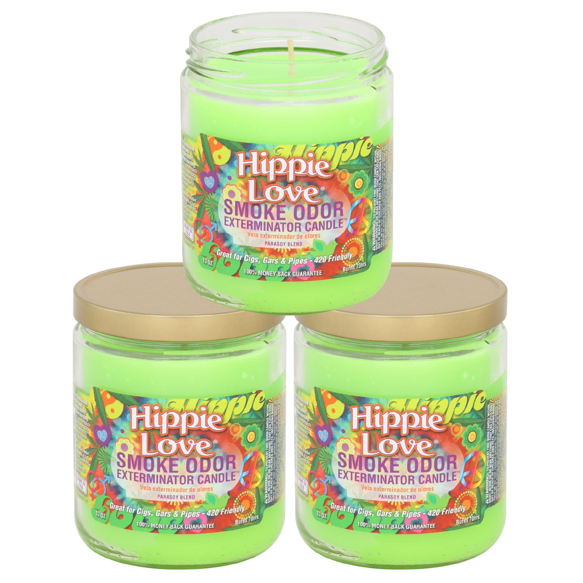Bougie Smoke Odor Exterminator Hippie Love, trio pour rafraîchir l'ambiance et neutraliser les odeurs.
