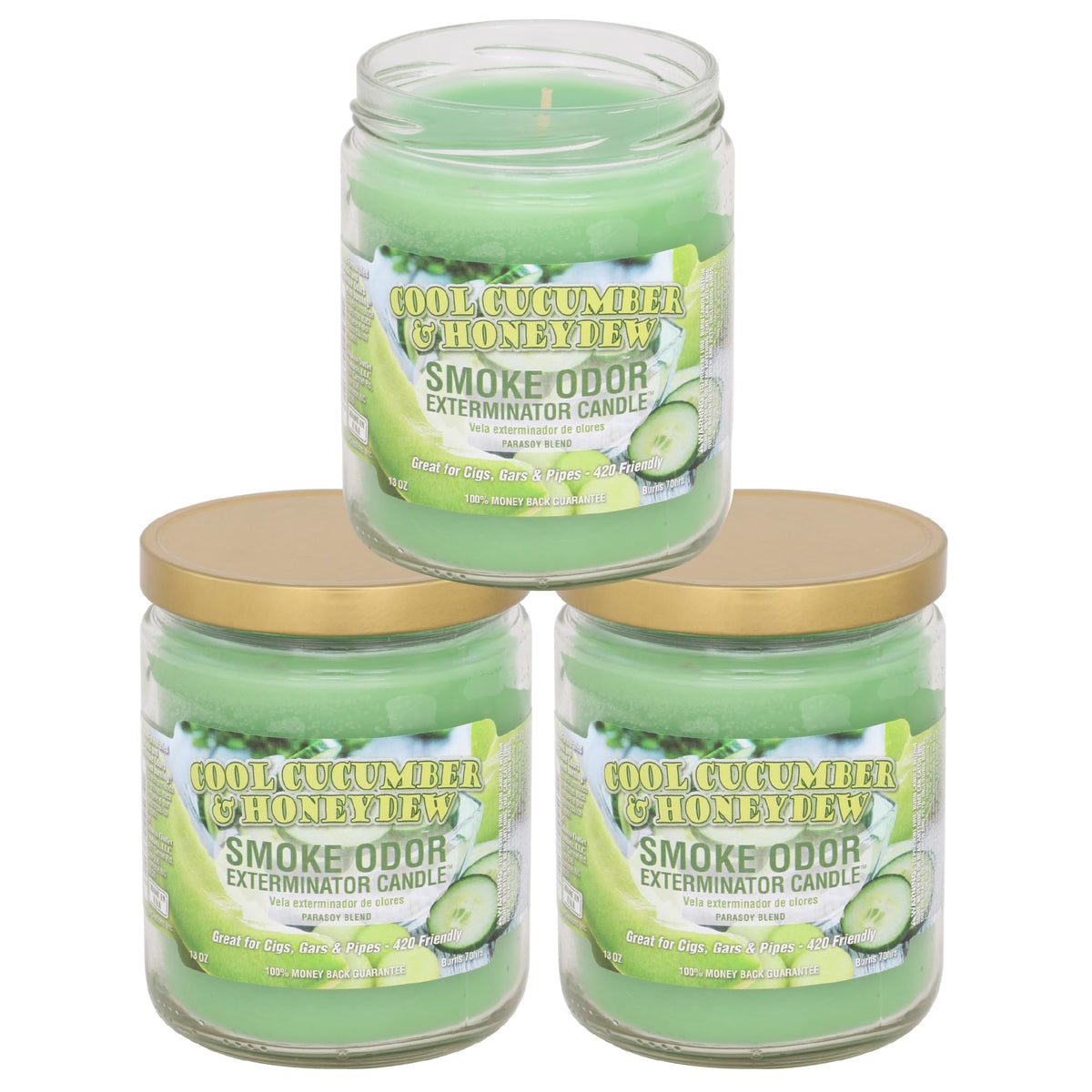 Bougie Smoke Odor Exterminator au parfum concombre frais et melon miel, idéale pour neutraliser les odeurs.