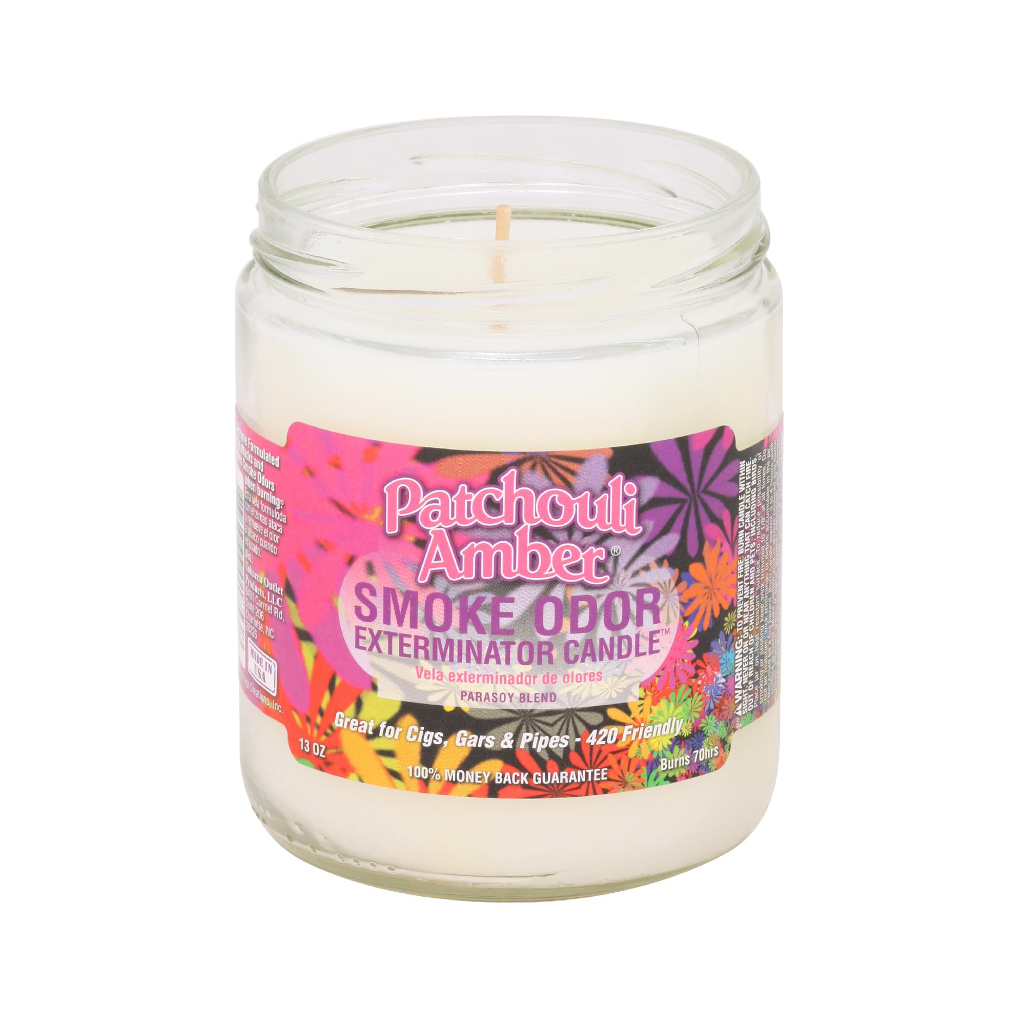 Bougie Patchouli Smoke Odor Exterminator neutralisant les odeurs ambiantes et fumées.