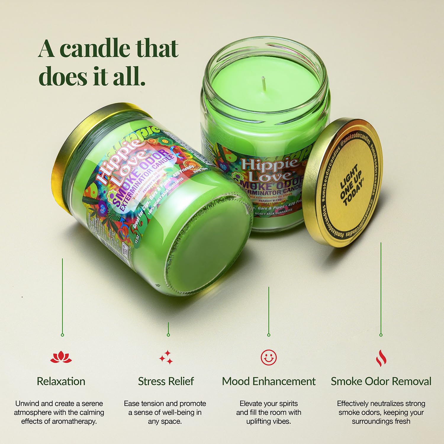 Smoke Odor Exterminator Hippie Love, emballage-design: idée cadeau pratique et efficace.