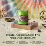 Smoke Odor Exterminator Hippie Love, etiquette-bougie: présentation élégante et parfum léger.