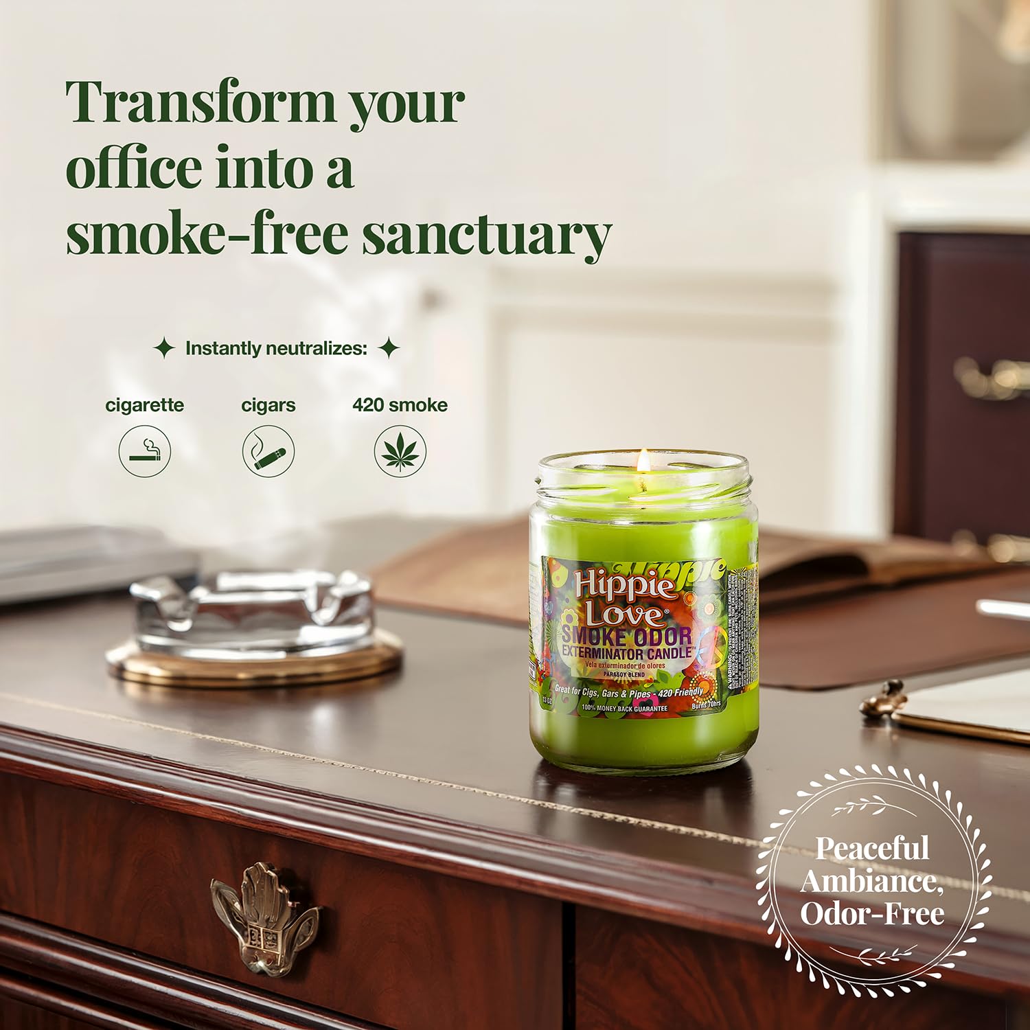 Smoke Odor Exterminator Hippie Love, flamme-bougie: diffusion agréable et durable.