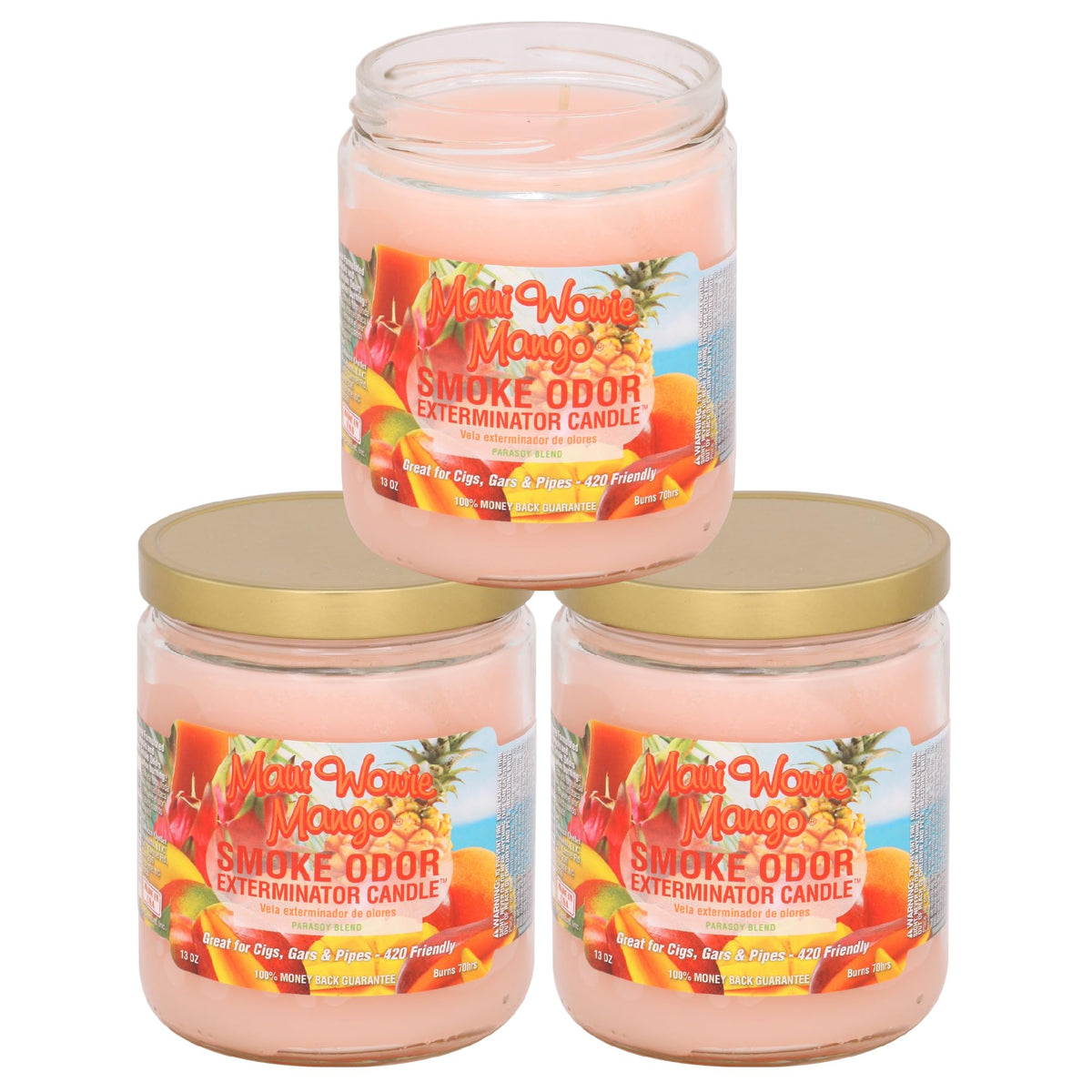 Bougie Smoke Odor Exterminator Maui Wowie Mango réduisant les odeurs de fumée lors de la combustion.