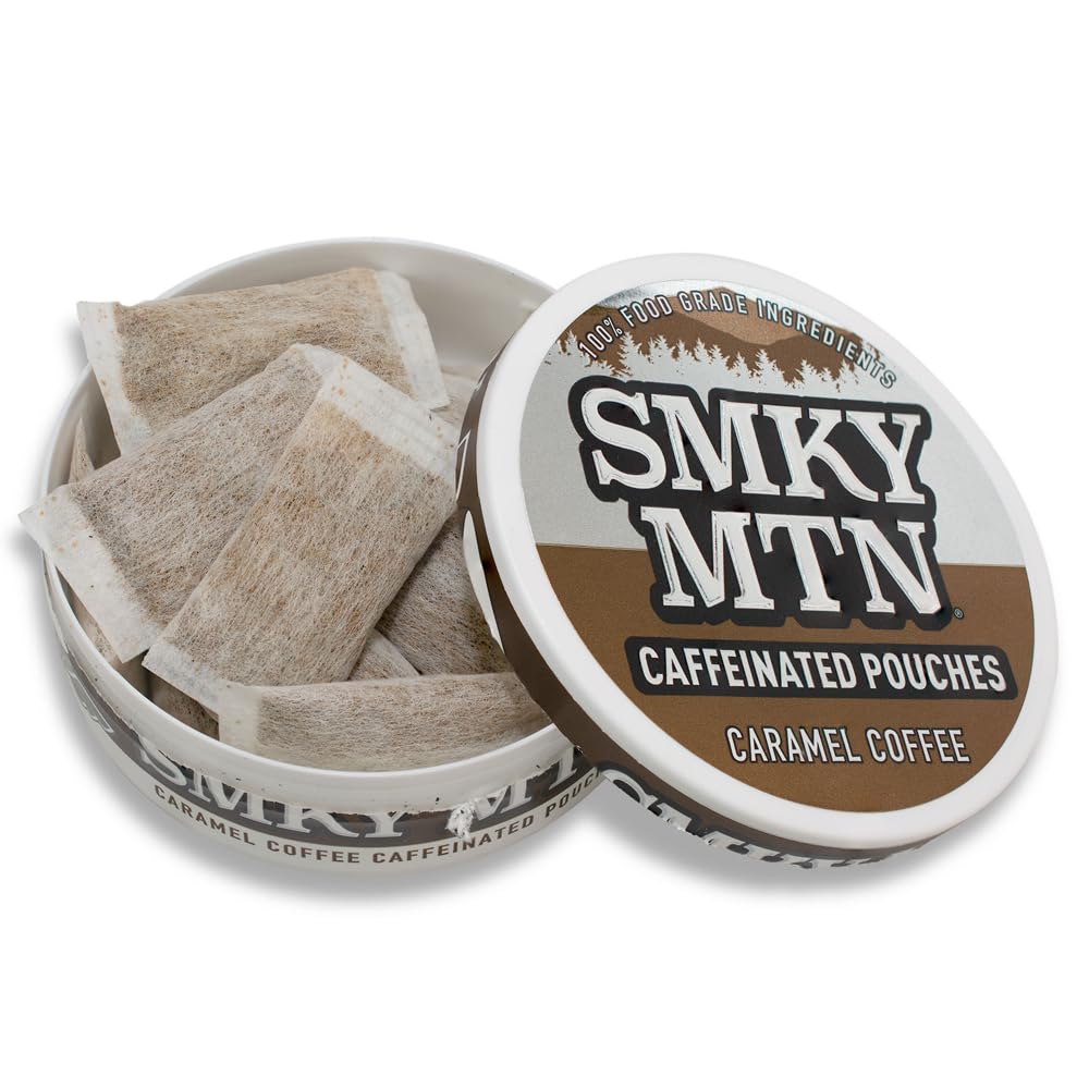 Smokey Mountain Caramel Café, pochette cafeinee : énergie légère sans tabac ni nicotine.