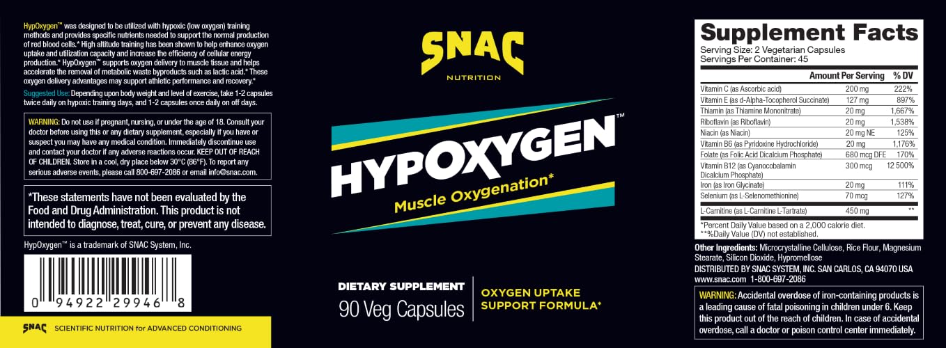 SNAC HypOxygen – étiquette du flacon avec informations et bénéfices potentiels.